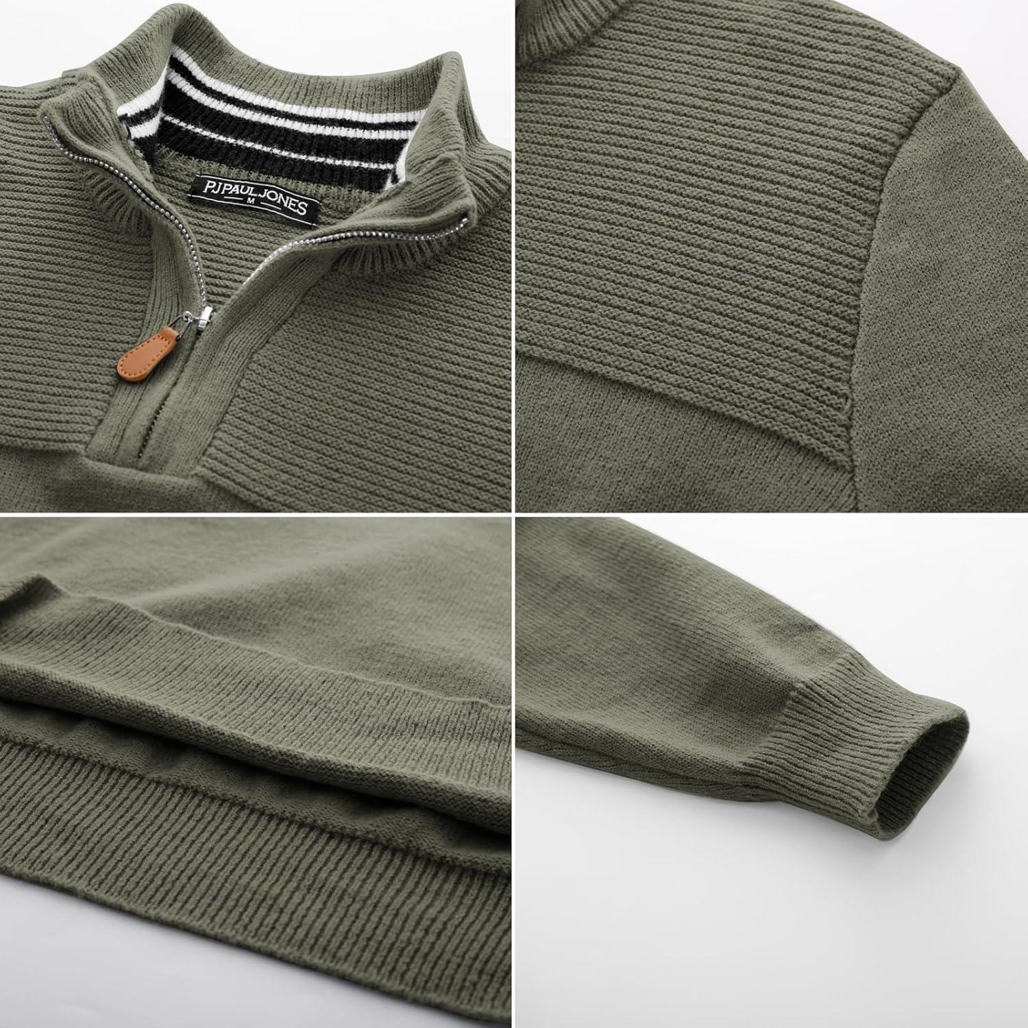 imagePJ PAUL JONES Mens Quarter Zip Sweater Slim Fit Casual Pullover Sweater Mock Neck Polo SweatersArmy Green