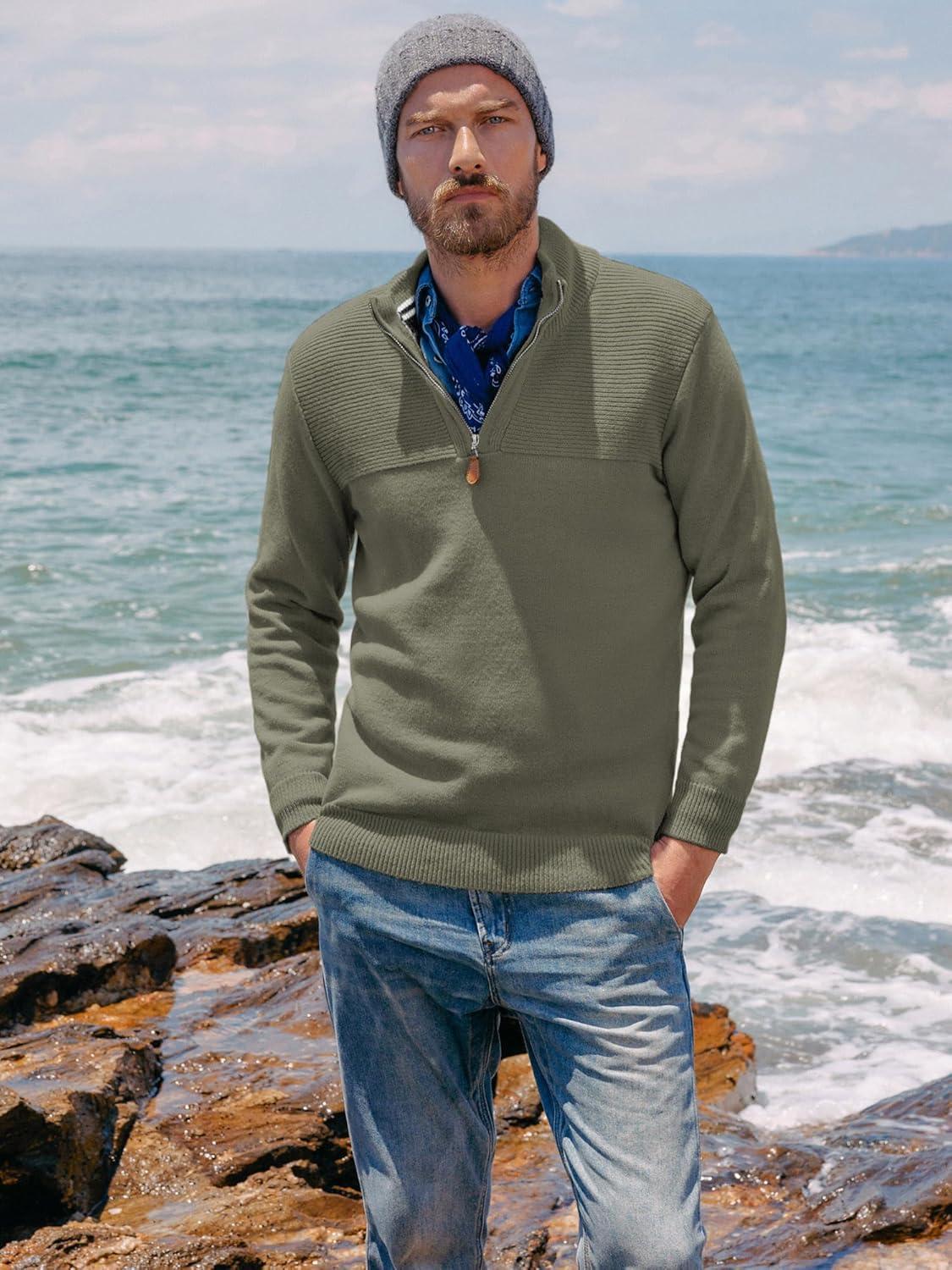 imagePJ PAUL JONES Mens Quarter Zip Sweater Slim Fit Casual Pullover Sweater Mock Neck Polo SweatersArmy Green