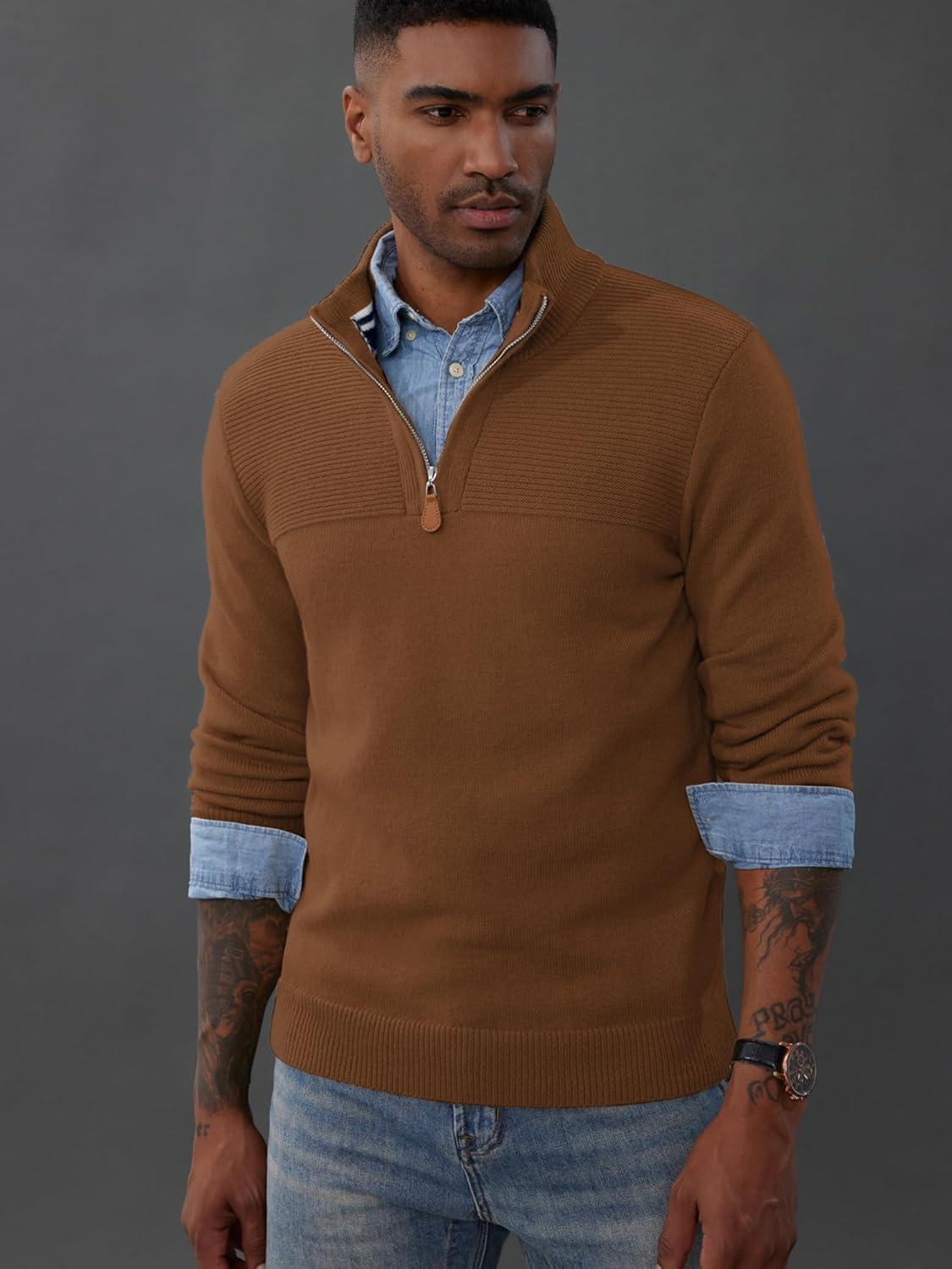 imagePJ PAUL JONES Mens Quarter Zip Sweater Slim Fit Casual Pullover Sweater Mock Neck Polo SweatersCoffee