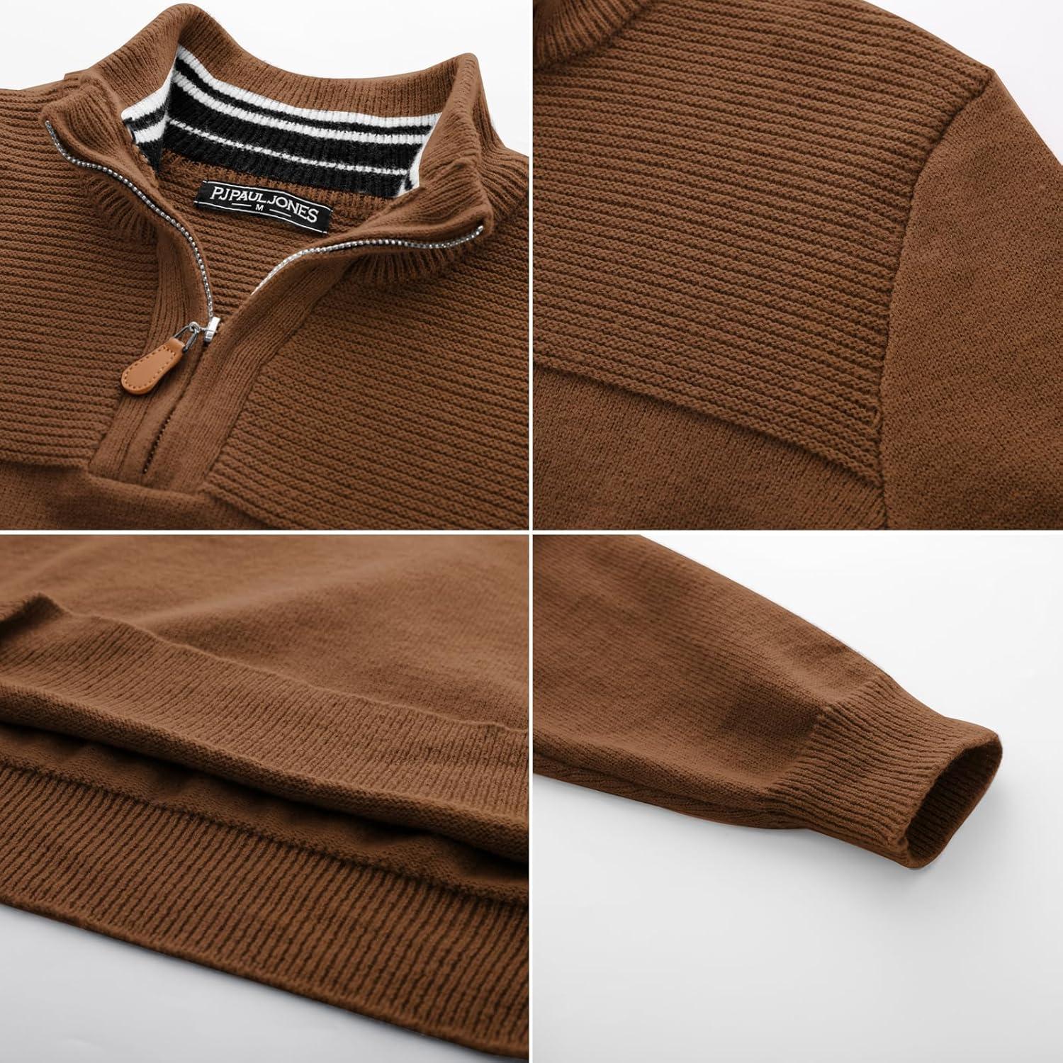 imagePJ PAUL JONES Mens Quarter Zip Sweater Slim Fit Casual Pullover Sweater Mock Neck Polo SweatersCoffee