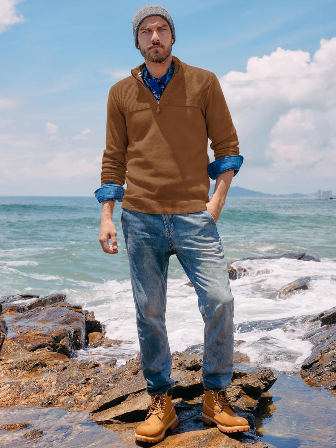 imagePJ PAUL JONES Mens Quarter Zip Sweater Slim Fit Casual Pullover Sweater Mock Neck Polo SweatersCoffee