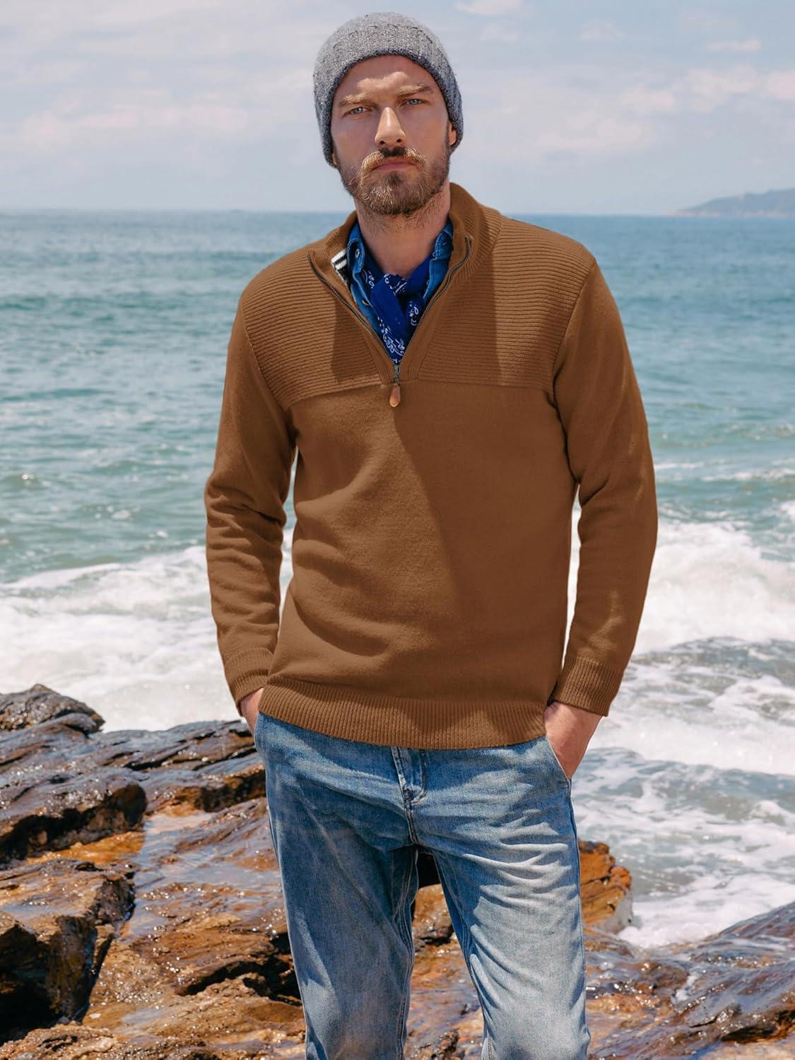 imagePJ PAUL JONES Mens Quarter Zip Sweater Slim Fit Casual Pullover Sweater Mock Neck Polo SweatersCoffee