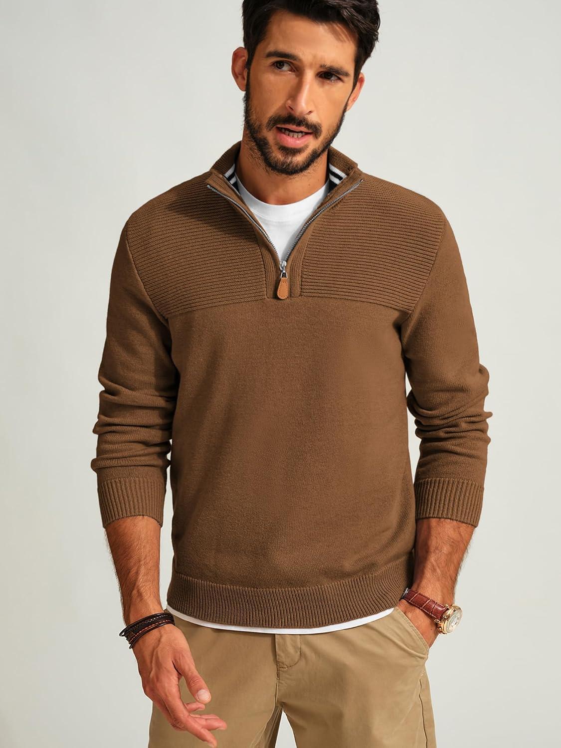 imagePJ PAUL JONES Mens Quarter Zip Sweater Slim Fit Casual Pullover Sweater Mock Neck Polo SweatersCoffee