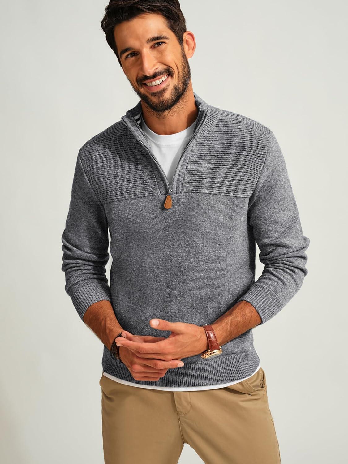 imagePJ PAUL JONES Mens Quarter Zip Sweater Slim Fit Casual Pullover Sweater Mock Neck Polo SweatersDark Grey