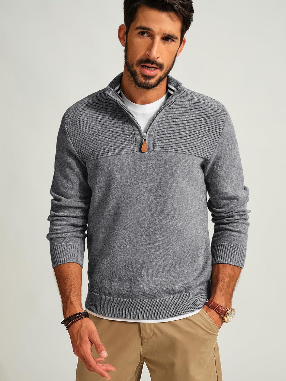 imagePJ PAUL JONES Mens Quarter Zip Sweater Slim Fit Casual Pullover Sweater Mock Neck Polo SweatersDark Grey