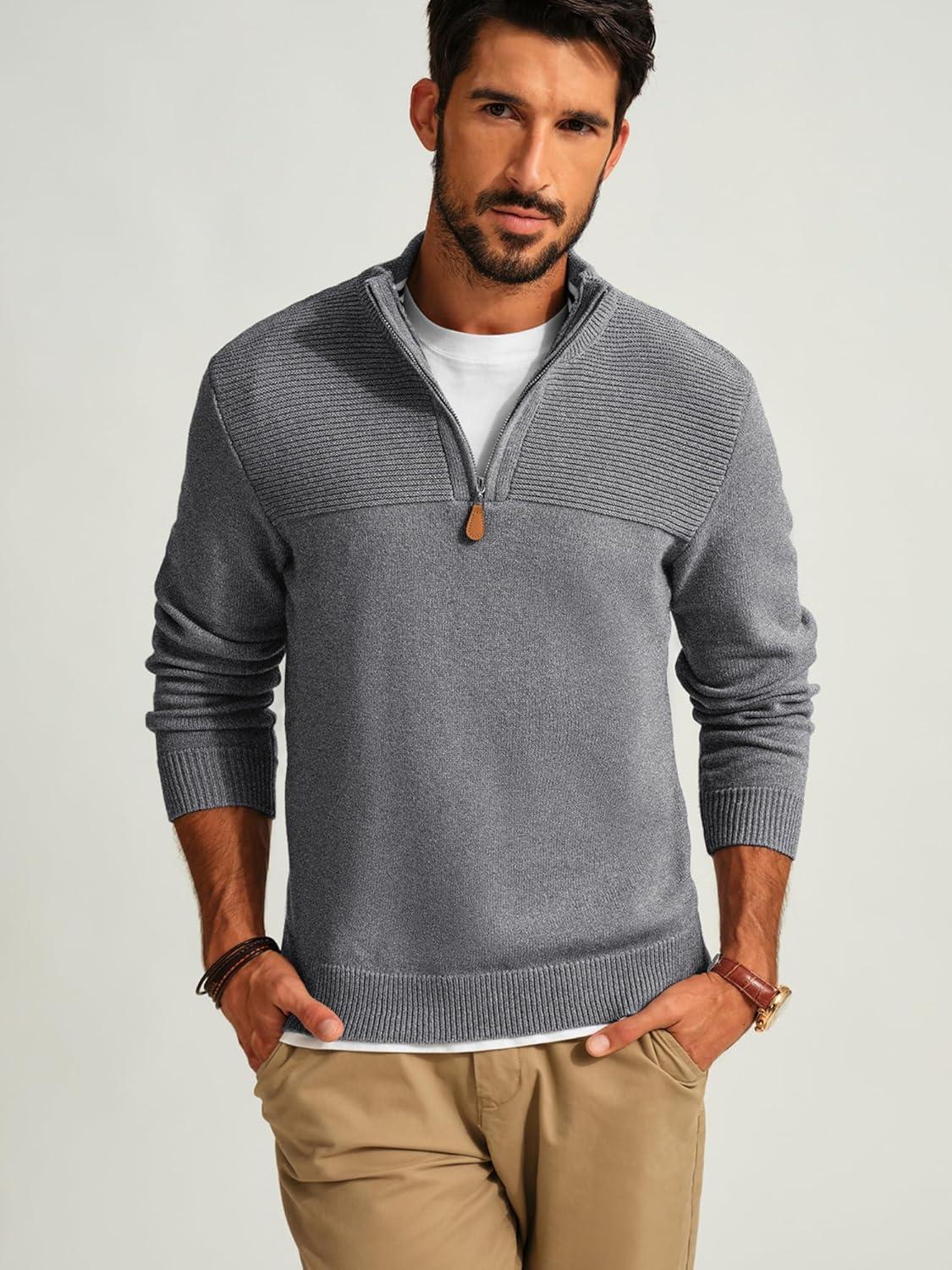 imagePJ PAUL JONES Mens Quarter Zip Sweater Slim Fit Casual Pullover Sweater Mock Neck Polo SweatersDark Grey