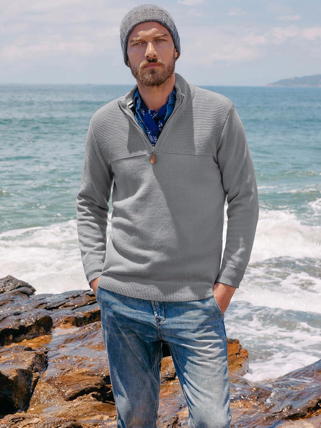 imagePJ PAUL JONES Mens Quarter Zip Sweater Slim Fit Casual Pullover Sweater Mock Neck Polo SweatersGrey