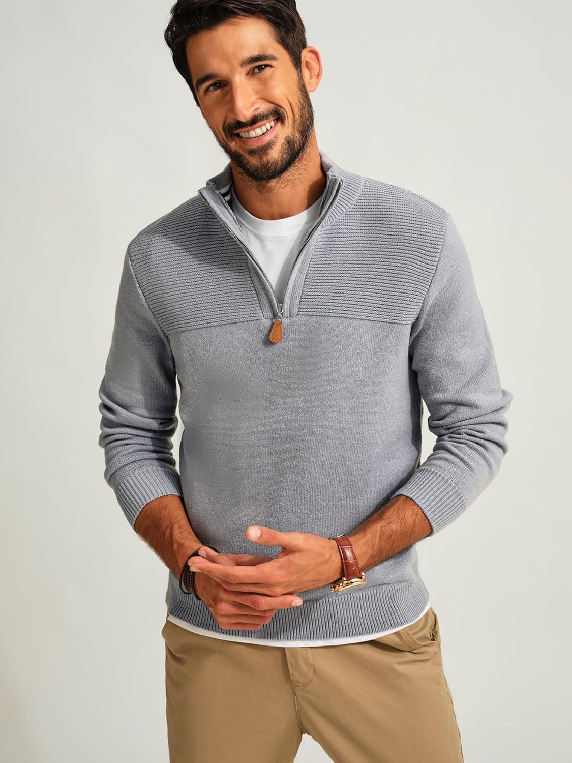 imagePJ PAUL JONES Mens Quarter Zip Sweater Slim Fit Casual Pullover Sweater Mock Neck Polo SweatersGrey