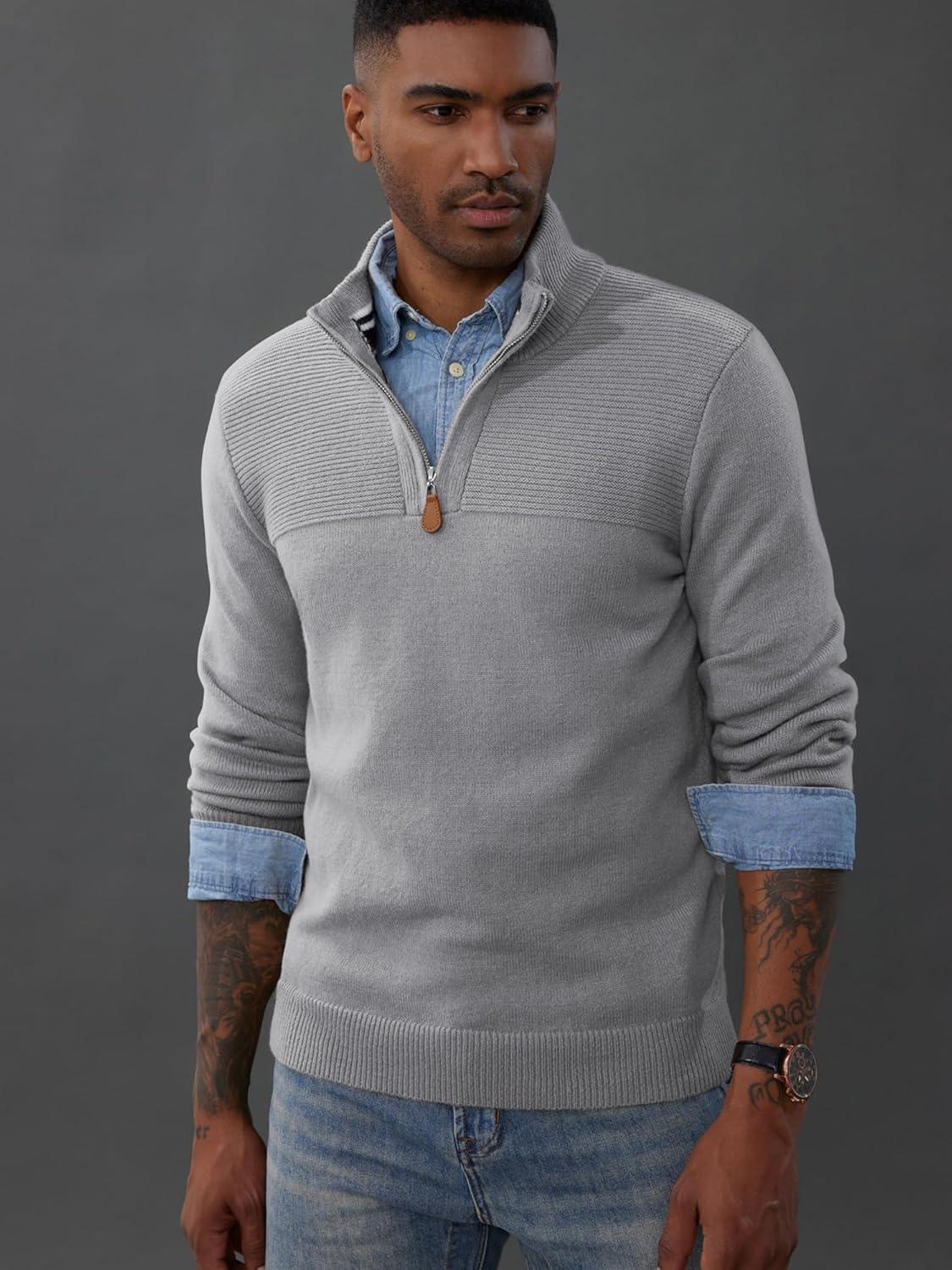 imagePJ PAUL JONES Mens Quarter Zip Sweater Slim Fit Casual Pullover Sweater Mock Neck Polo SweatersGrey