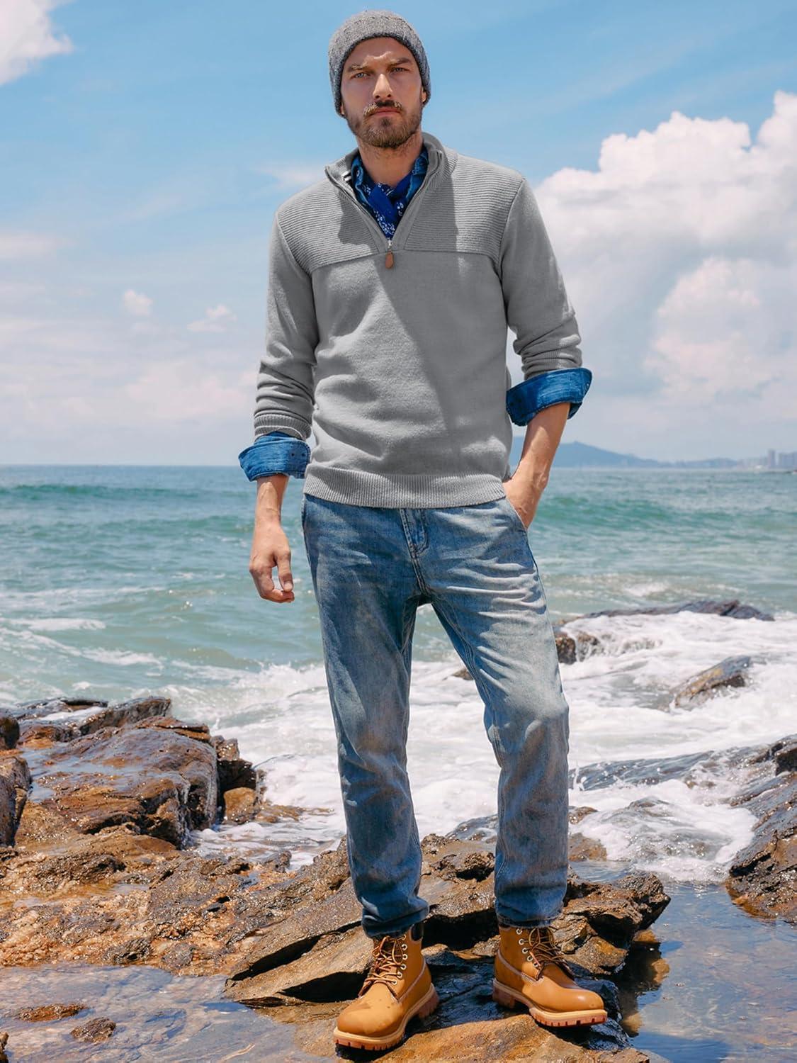 imagePJ PAUL JONES Mens Quarter Zip Sweater Slim Fit Casual Pullover Sweater Mock Neck Polo SweatersGrey