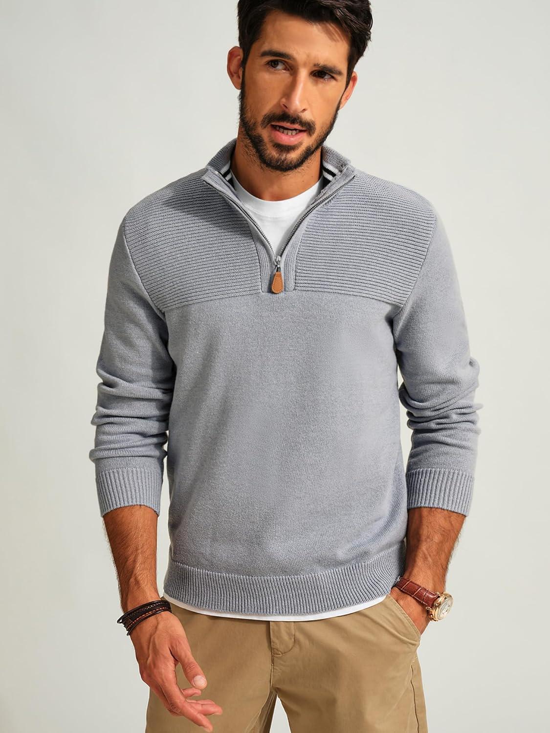 imagePJ PAUL JONES Mens Quarter Zip Sweater Slim Fit Casual Pullover Sweater Mock Neck Polo SweatersGrey