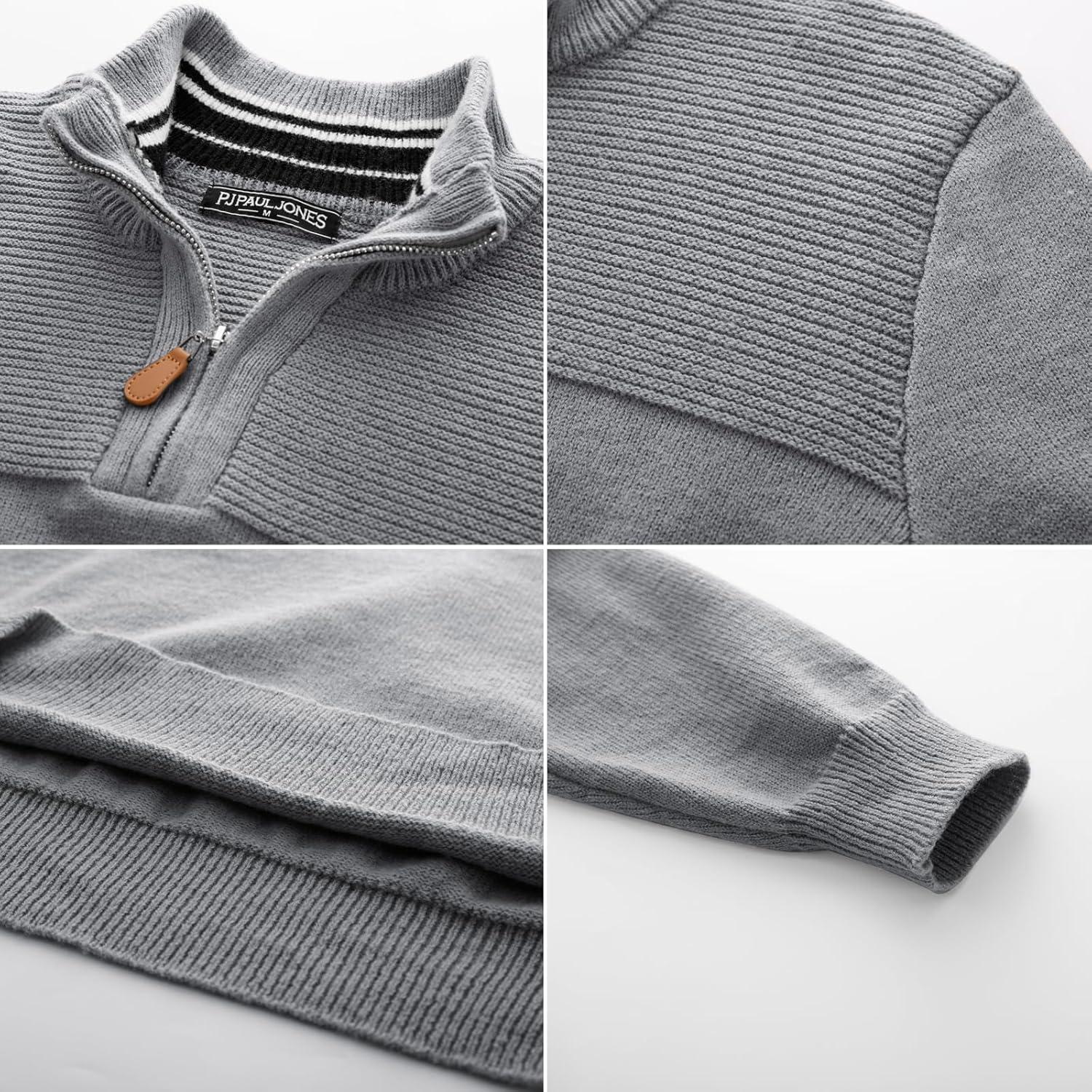imagePJ PAUL JONES Mens Quarter Zip Sweater Slim Fit Casual Pullover Sweater Mock Neck Polo SweatersGrey