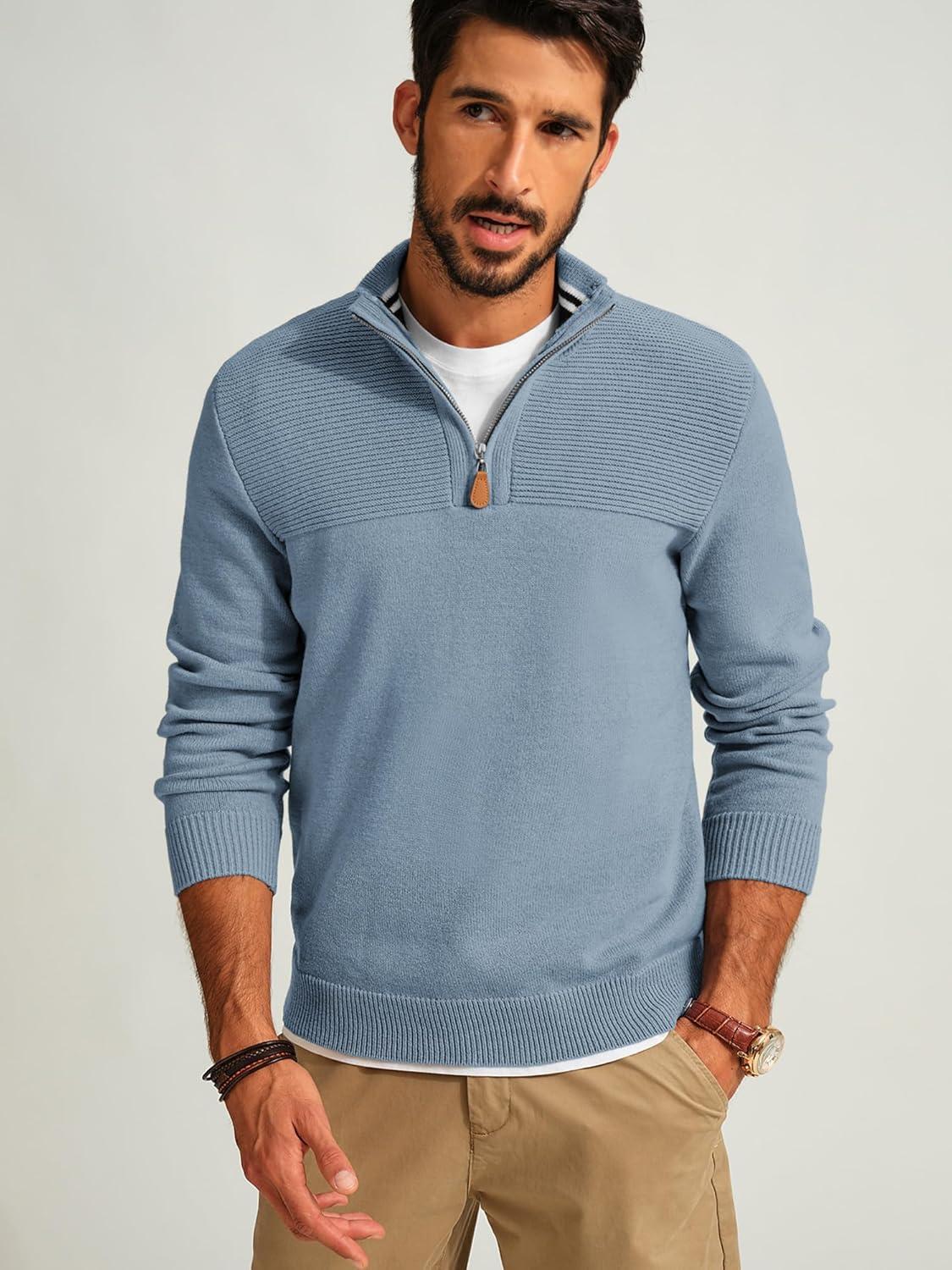 imagePJ PAUL JONES Mens Quarter Zip Sweater Slim Fit Casual Pullover Sweater Mock Neck Polo SweatersLight Blue