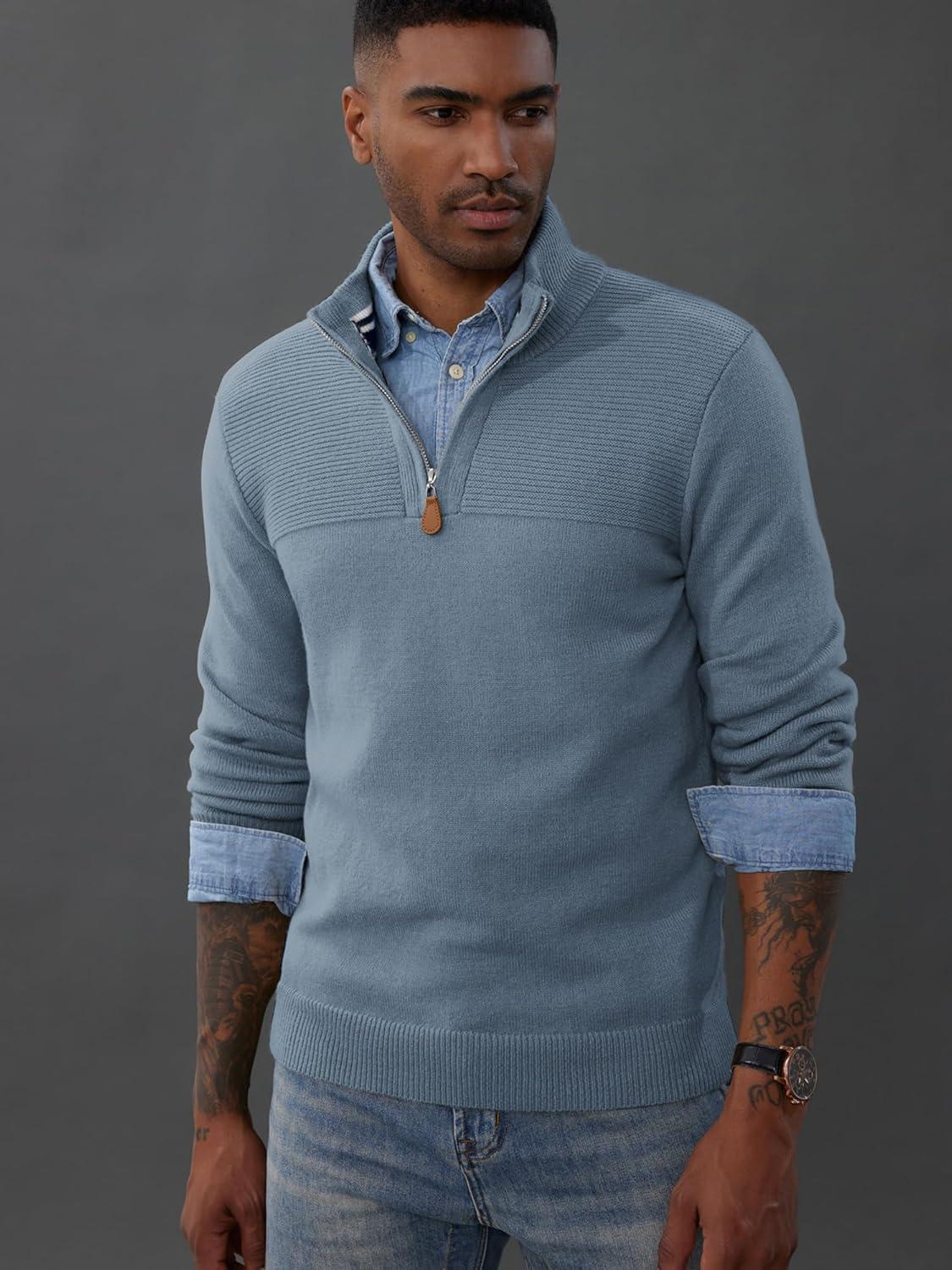 imagePJ PAUL JONES Mens Quarter Zip Sweater Slim Fit Casual Pullover Sweater Mock Neck Polo SweatersLight Blue