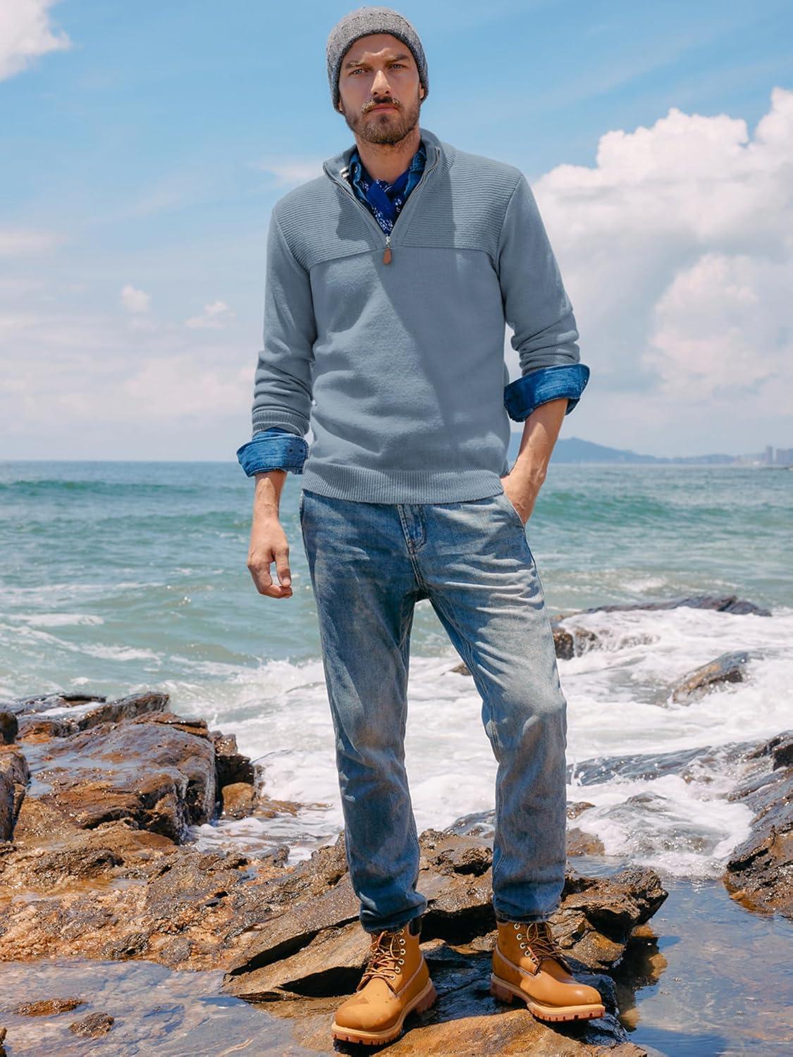 imagePJ PAUL JONES Mens Quarter Zip Sweater Slim Fit Casual Pullover Sweater Mock Neck Polo SweatersLight Blue