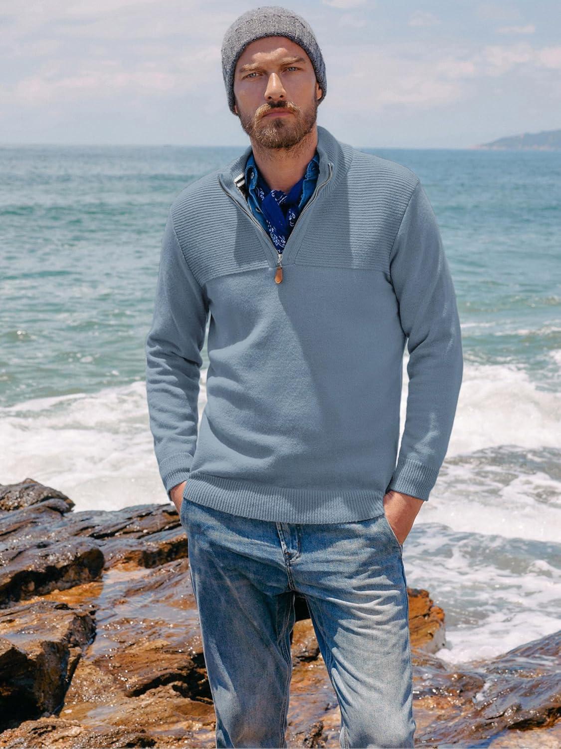 imagePJ PAUL JONES Mens Quarter Zip Sweater Slim Fit Casual Pullover Sweater Mock Neck Polo SweatersLight Blue