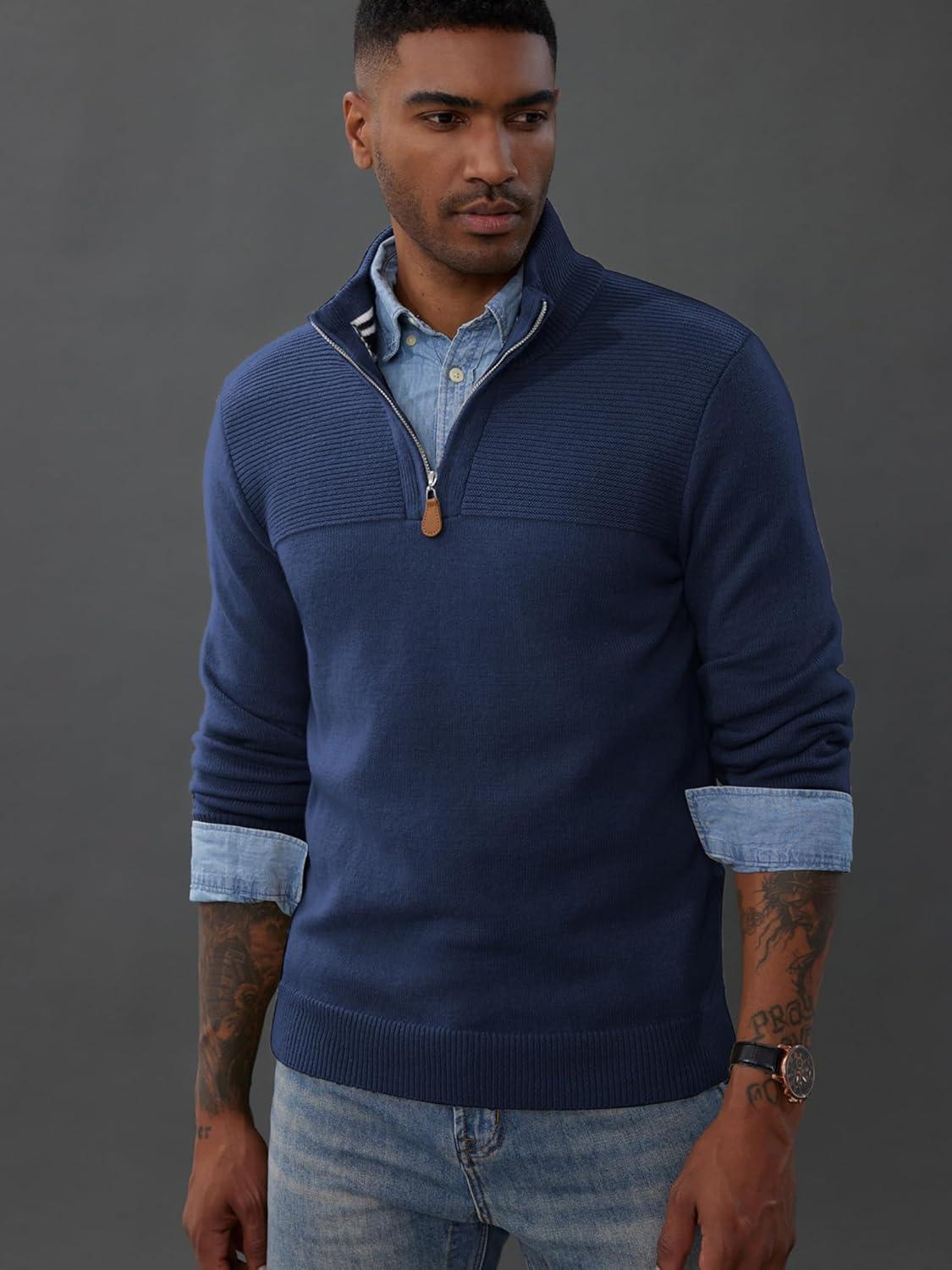 imagePJ PAUL JONES Mens Quarter Zip Sweater Slim Fit Casual Pullover Sweater Mock Neck Polo SweatersNavy Blue