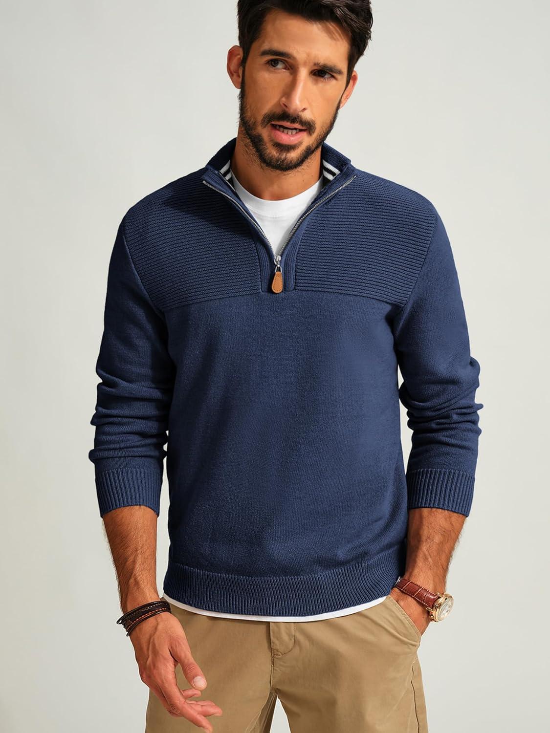 imagePJ PAUL JONES Mens Quarter Zip Sweater Slim Fit Casual Pullover Sweater Mock Neck Polo SweatersNavy Blue