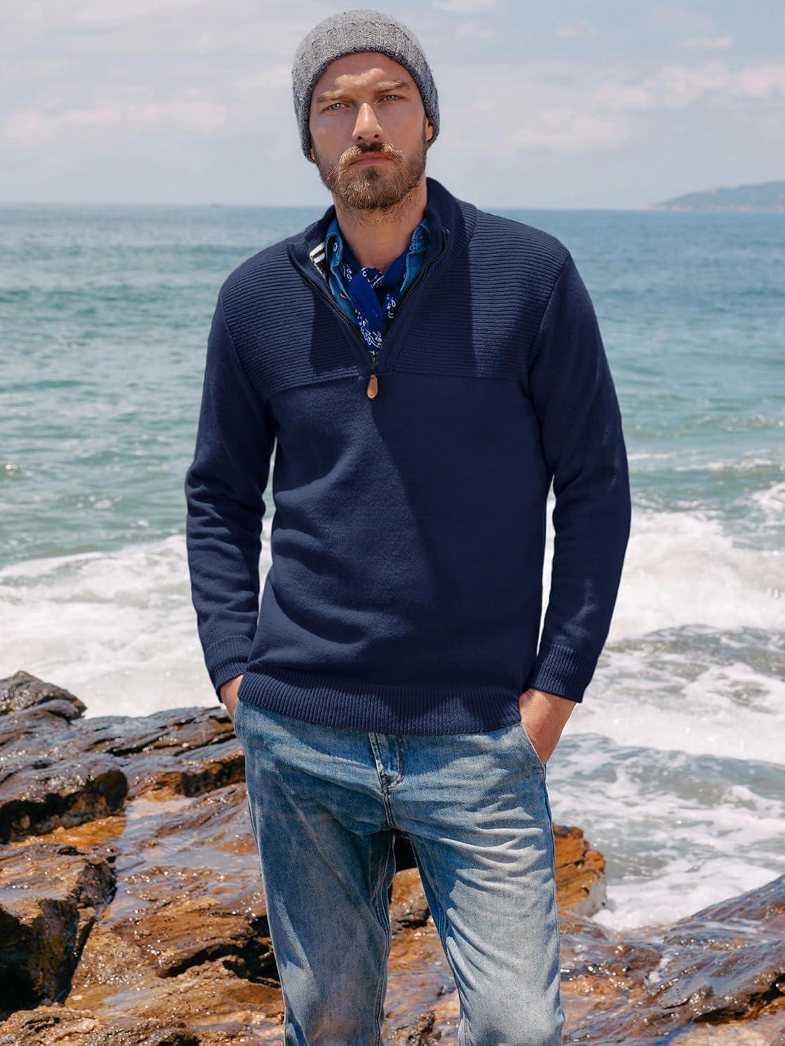 imagePJ PAUL JONES Mens Quarter Zip Sweater Slim Fit Casual Pullover Sweater Mock Neck Polo SweatersNavy Blue