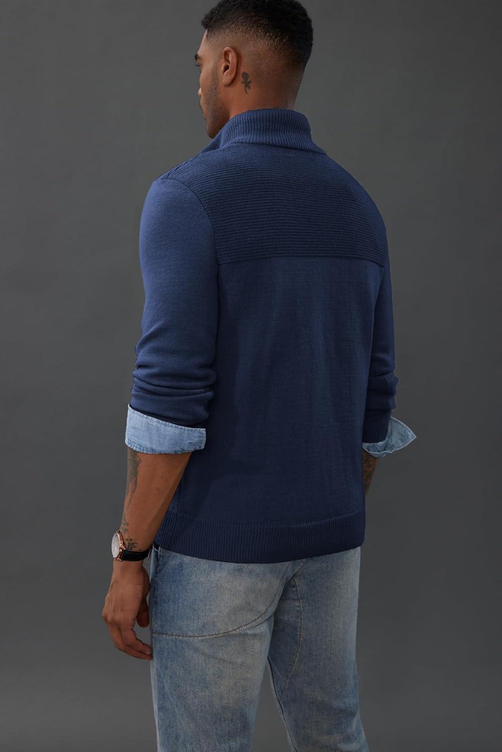 imagePJ PAUL JONES Mens Quarter Zip Sweater Slim Fit Casual Pullover Sweater Mock Neck Polo SweatersNavy Blue