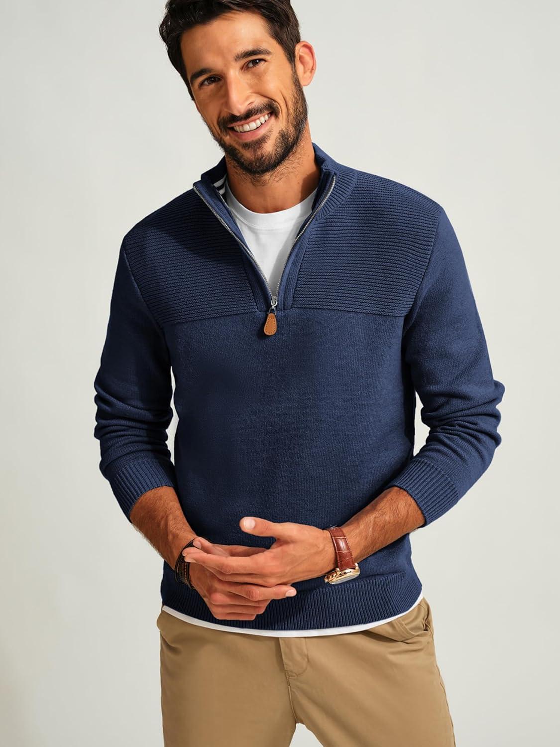 imagePJ PAUL JONES Mens Quarter Zip Sweater Slim Fit Casual Pullover Sweater Mock Neck Polo SweatersNavy Blue