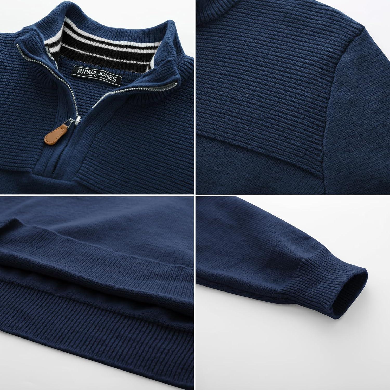 imagePJ PAUL JONES Mens Quarter Zip Sweater Slim Fit Casual Pullover Sweater Mock Neck Polo SweatersNavy Blue