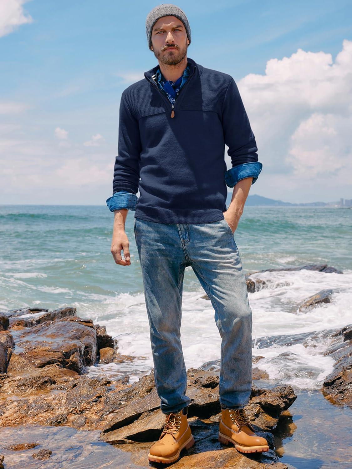 imagePJ PAUL JONES Mens Quarter Zip Sweater Slim Fit Casual Pullover Sweater Mock Neck Polo SweatersNavy Blue