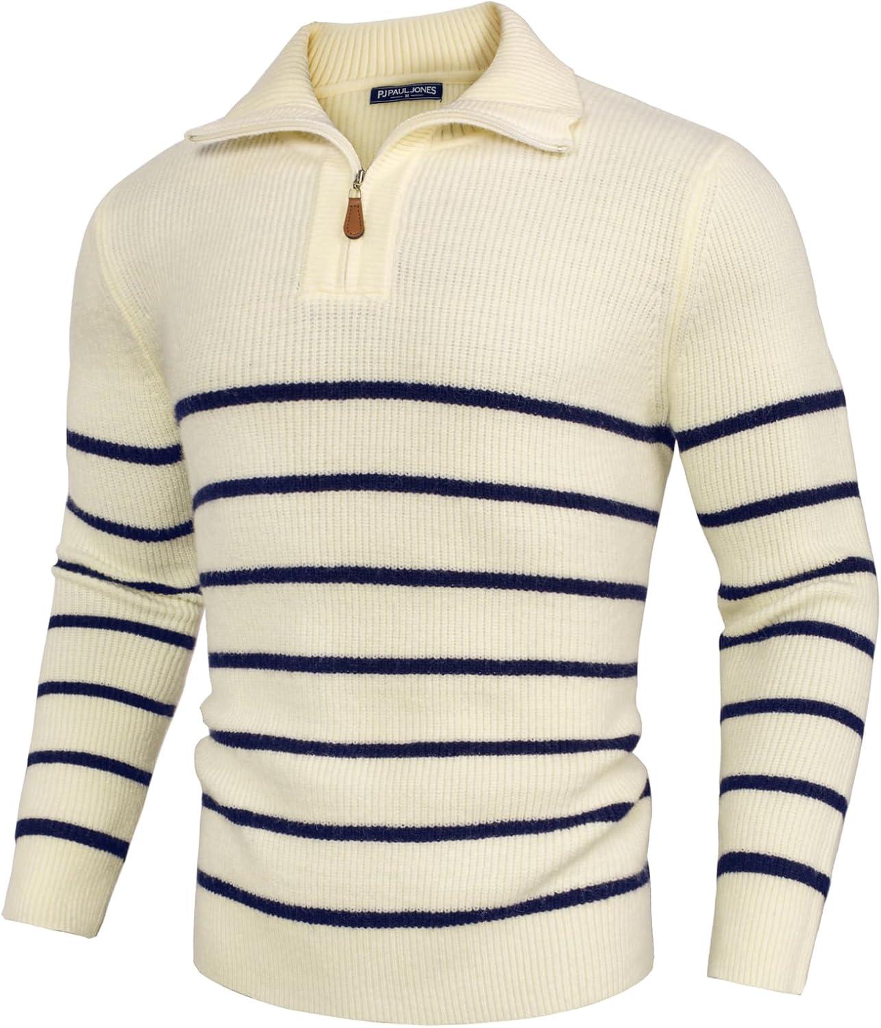 imagePJ PAUL JONES Mens Quarter Zip Sweater Striped Mock Neck Pullover Sweater Regular Fit SweaterBeige