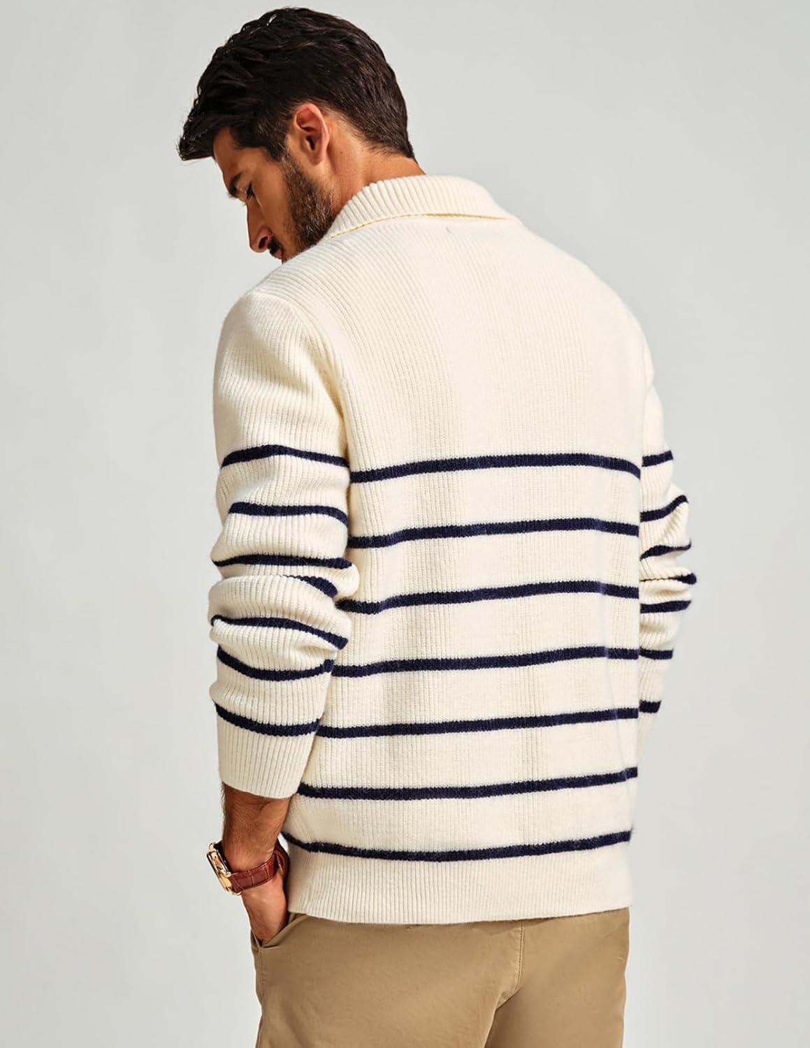 imagePJ PAUL JONES Mens Quarter Zip Sweater Striped Mock Neck Pullover Sweater Regular Fit SweaterBeige
