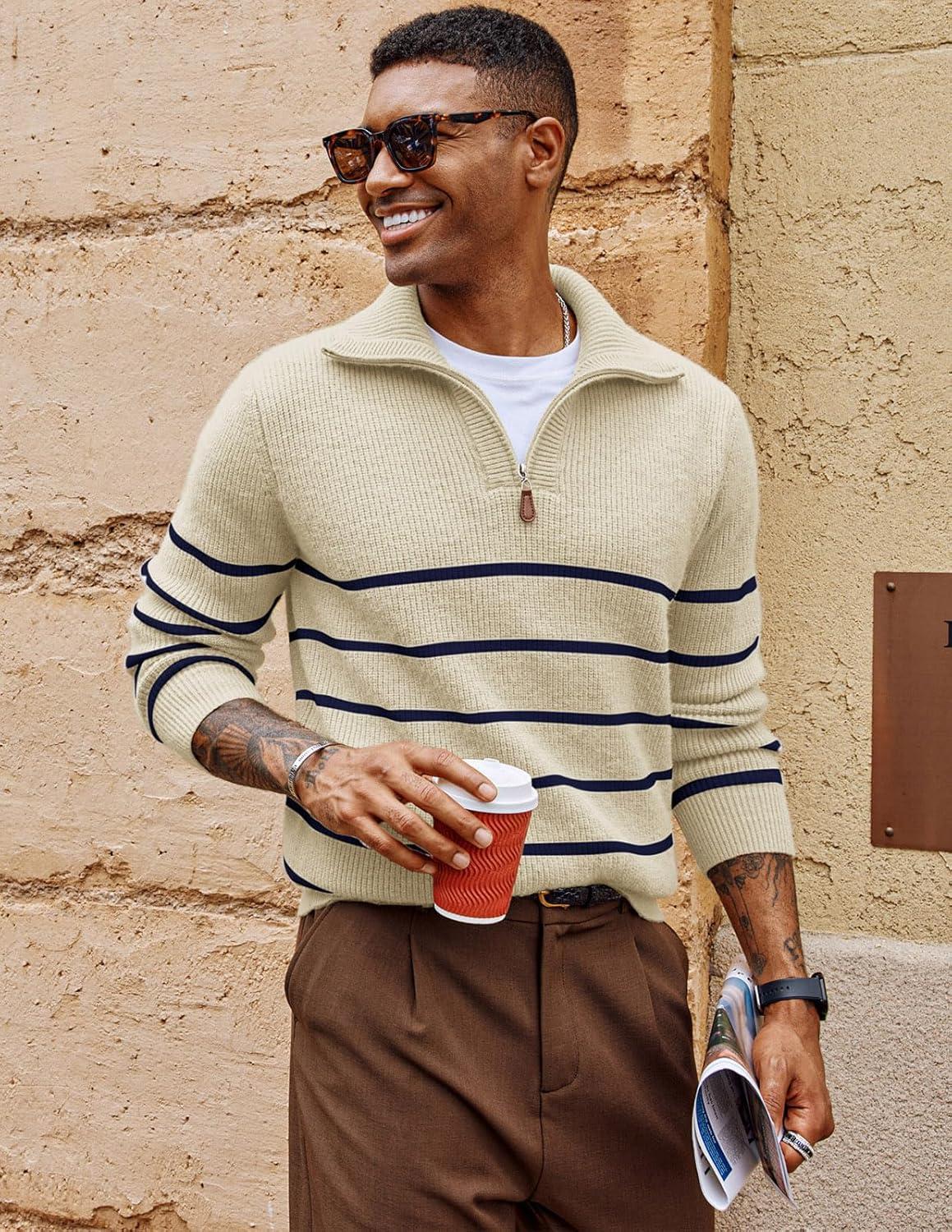 imagePJ PAUL JONES Mens Quarter Zip Sweater Striped Mock Neck Pullover Sweater Regular Fit SweaterBeige