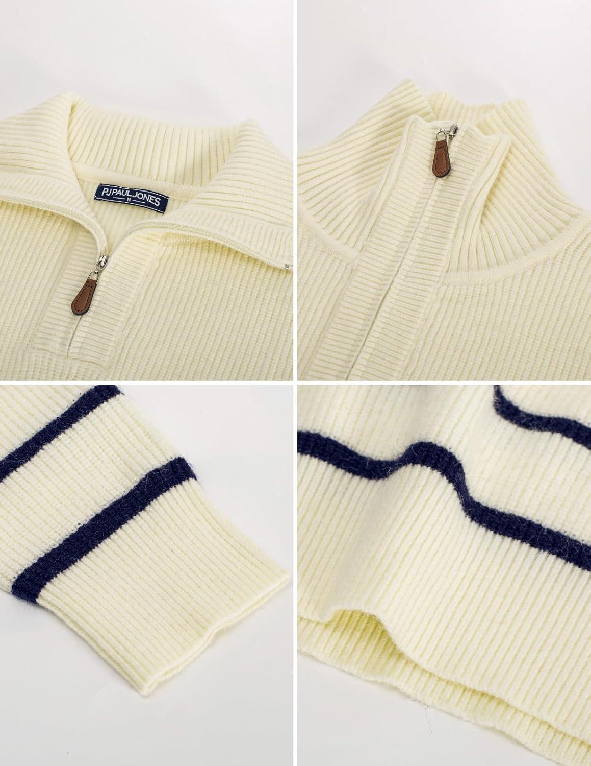 imagePJ PAUL JONES Mens Quarter Zip Sweater Striped Mock Neck Pullover Sweater Regular Fit SweaterBeige