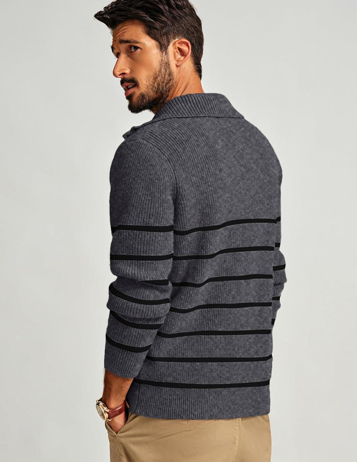 imagePJ PAUL JONES Mens Quarter Zip Sweater Striped Mock Neck Pullover Sweater Regular Fit SweaterDark Grey