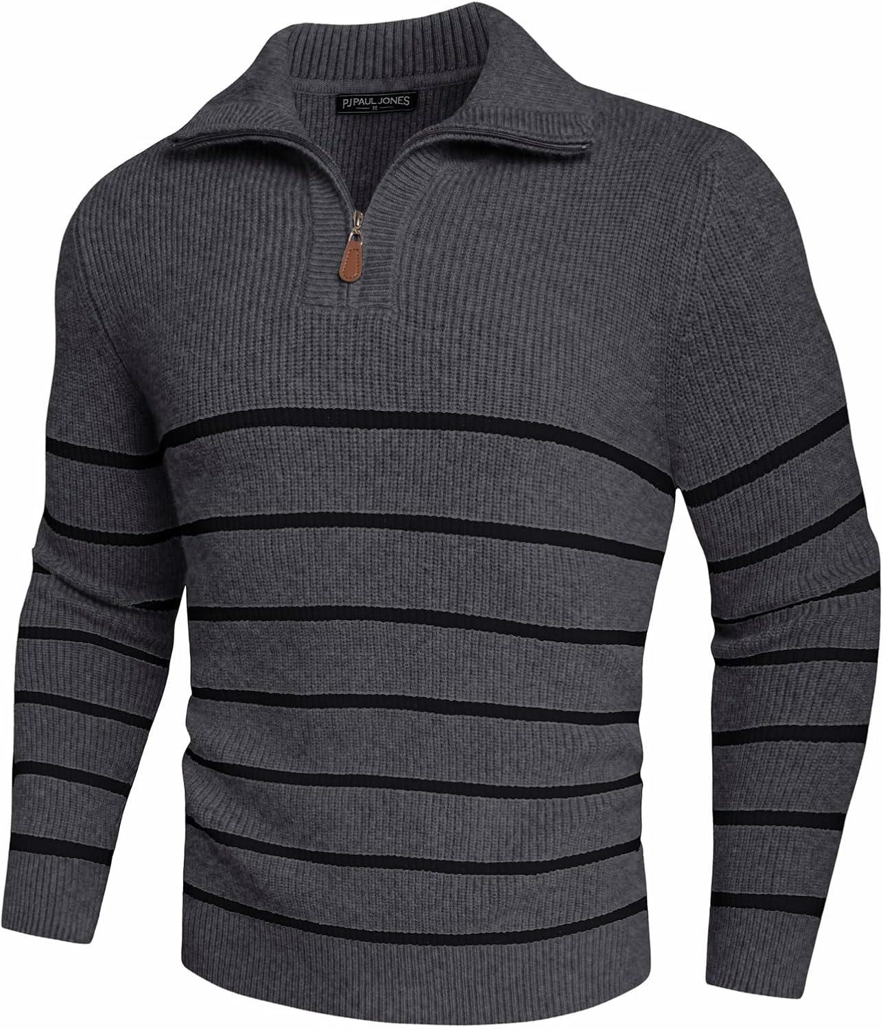 imagePJ PAUL JONES Mens Quarter Zip Sweater Striped Mock Neck Pullover Sweater Regular Fit SweaterDark Grey