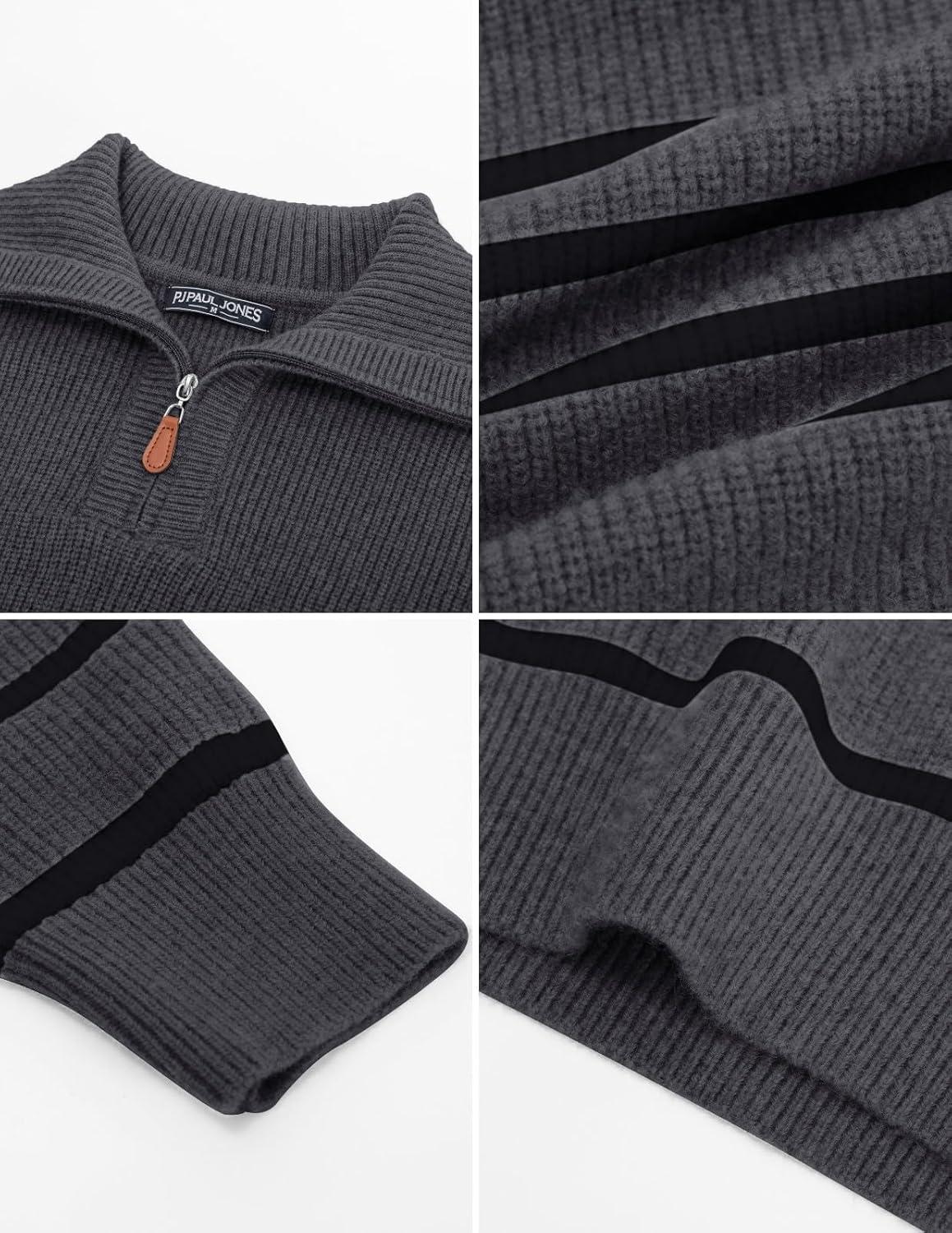 imagePJ PAUL JONES Mens Quarter Zip Sweater Striped Mock Neck Pullover Sweater Regular Fit SweaterDark Grey