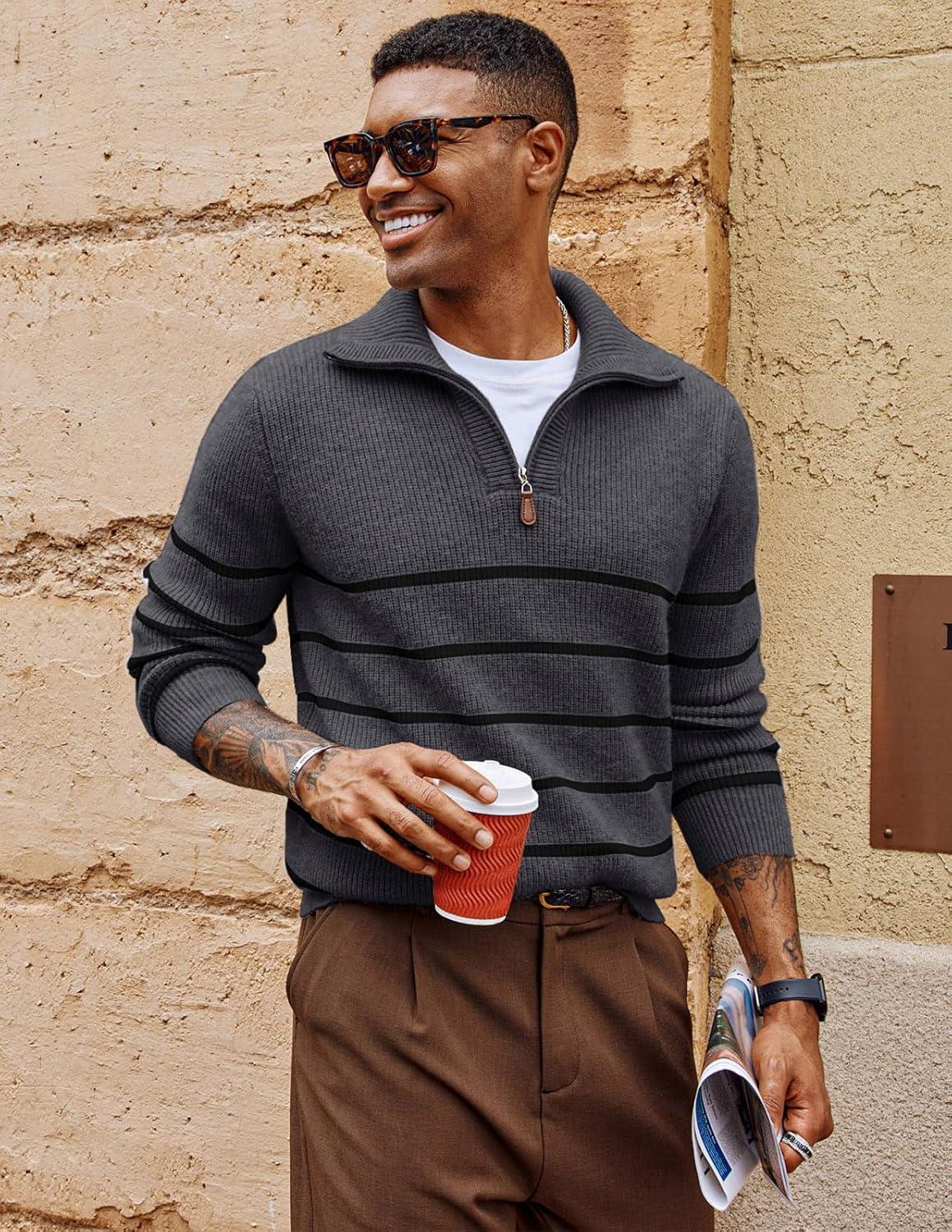 imagePJ PAUL JONES Mens Quarter Zip Sweater Striped Mock Neck Pullover Sweater Regular Fit SweaterDark Grey