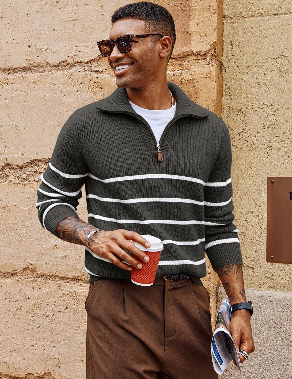 imagePJ PAUL JONES Mens Quarter Zip Sweater Striped Mock Neck Pullover Sweater Regular Fit SweaterGrey Green