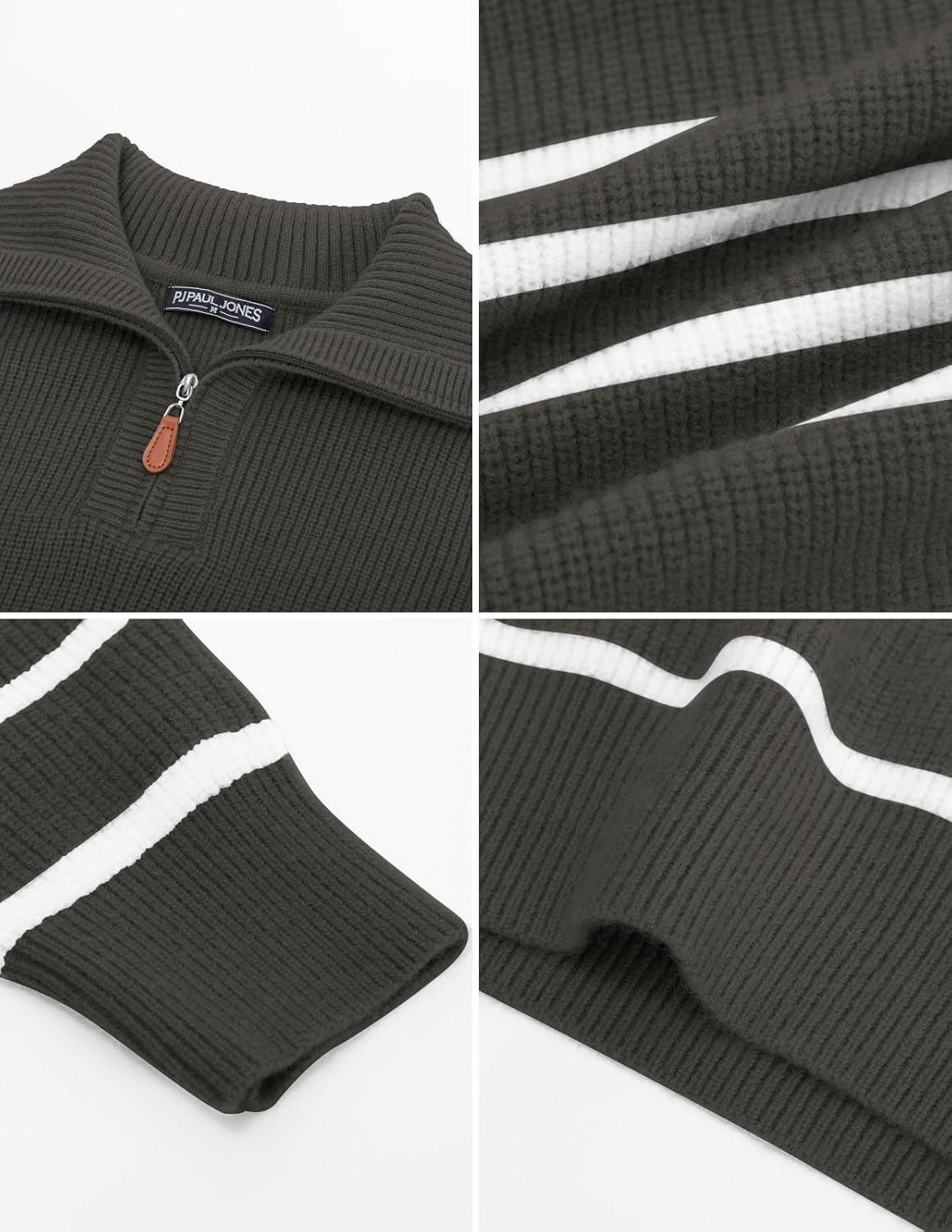 imagePJ PAUL JONES Mens Quarter Zip Sweater Striped Mock Neck Pullover Sweater Regular Fit SweaterGrey Green