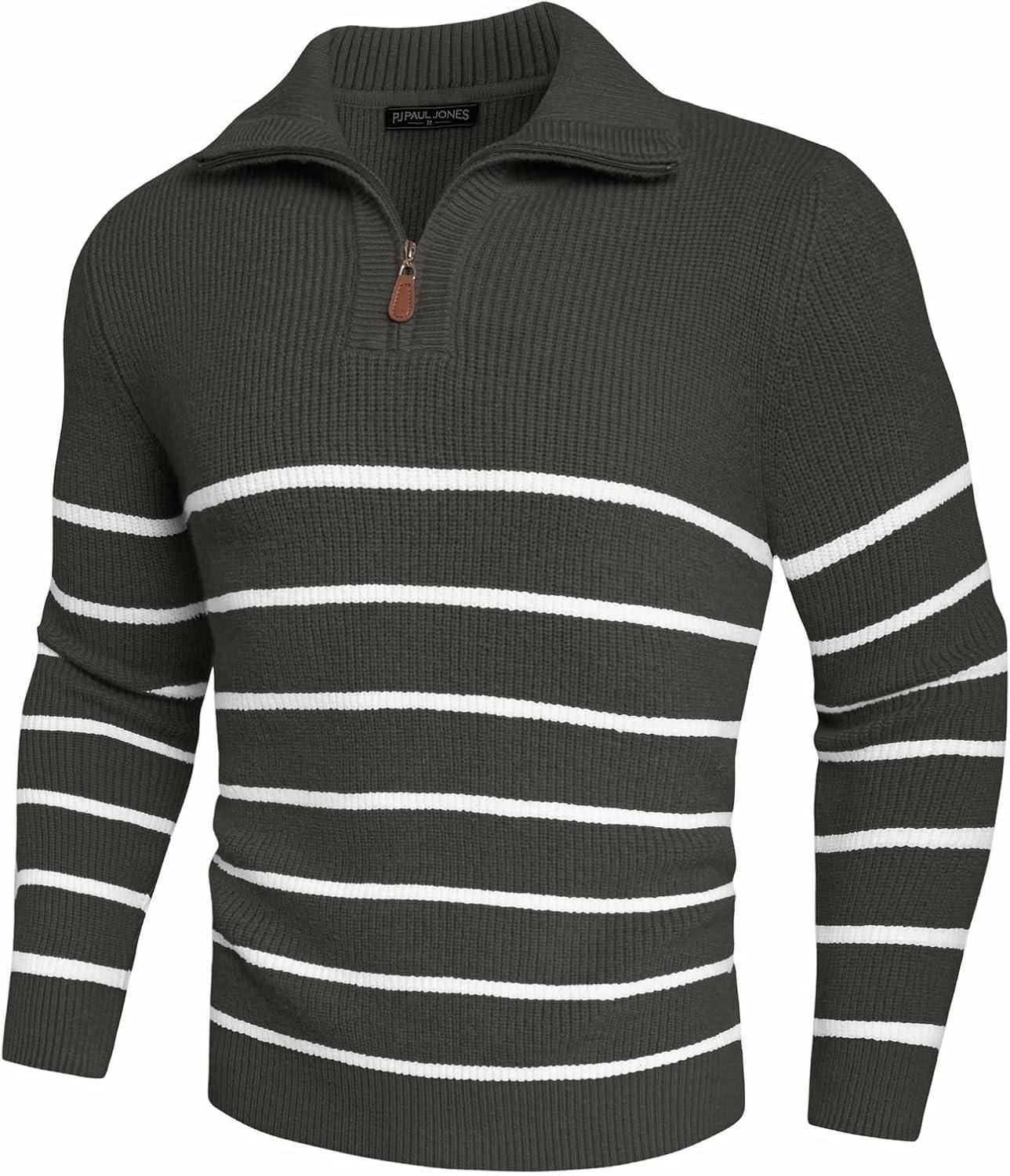 imagePJ PAUL JONES Mens Quarter Zip Sweater Striped Mock Neck Pullover Sweater Regular Fit SweaterGrey Green