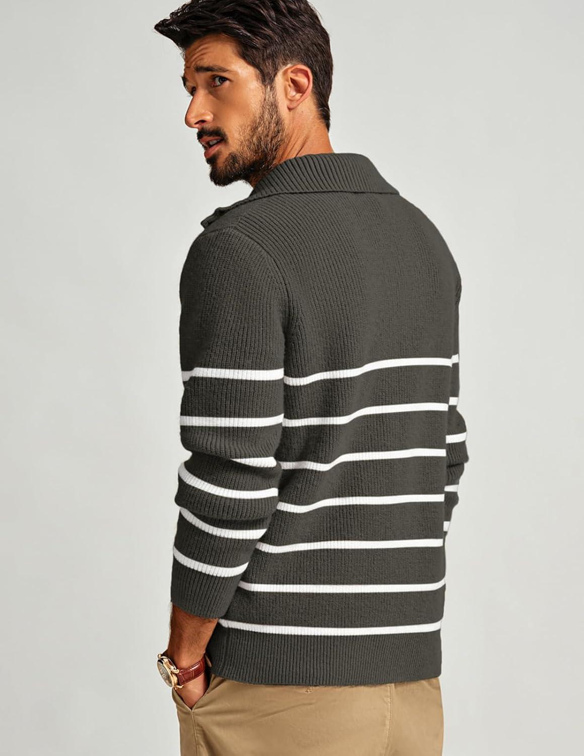 imagePJ PAUL JONES Mens Quarter Zip Sweater Striped Mock Neck Pullover Sweater Regular Fit SweaterGrey Green