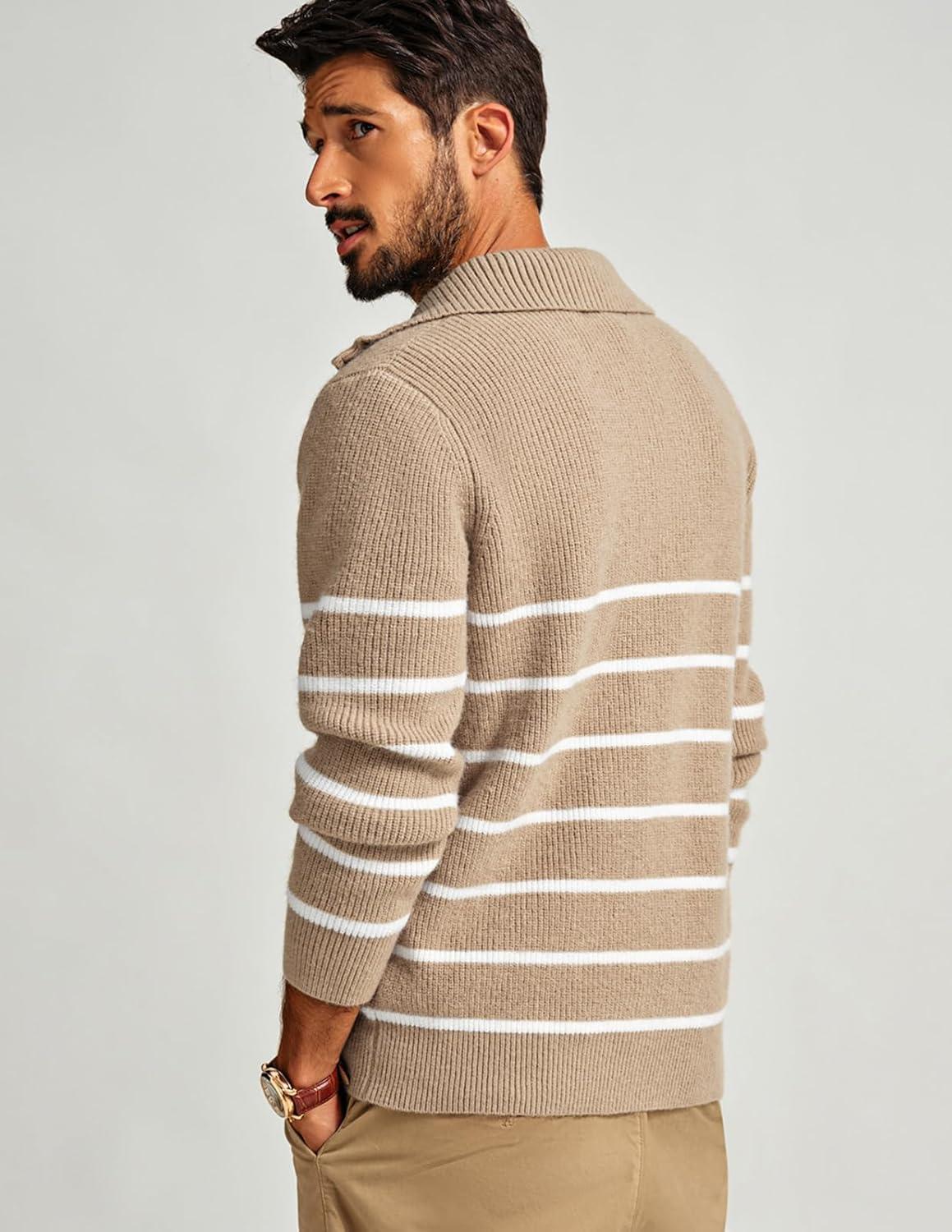 imagePJ PAUL JONES Mens Quarter Zip Sweater Striped Mock Neck Pullover Sweater Regular Fit SweaterKhaki