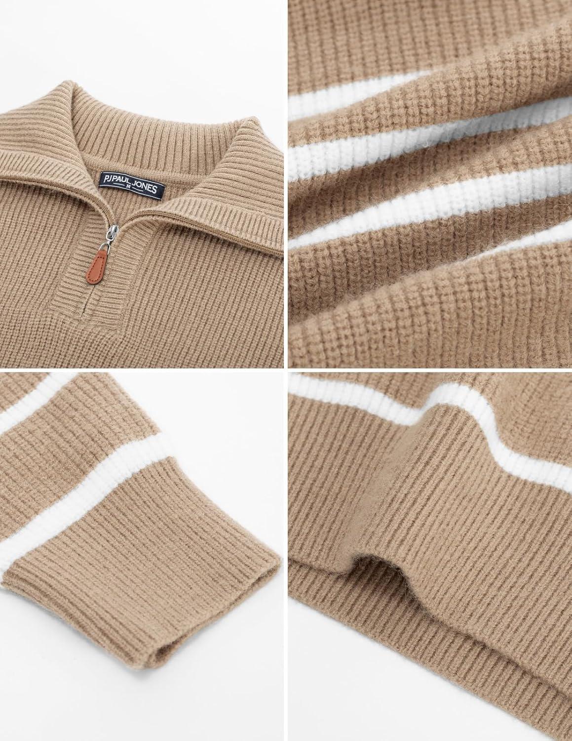 imagePJ PAUL JONES Mens Quarter Zip Sweater Striped Mock Neck Pullover Sweater Regular Fit SweaterKhaki