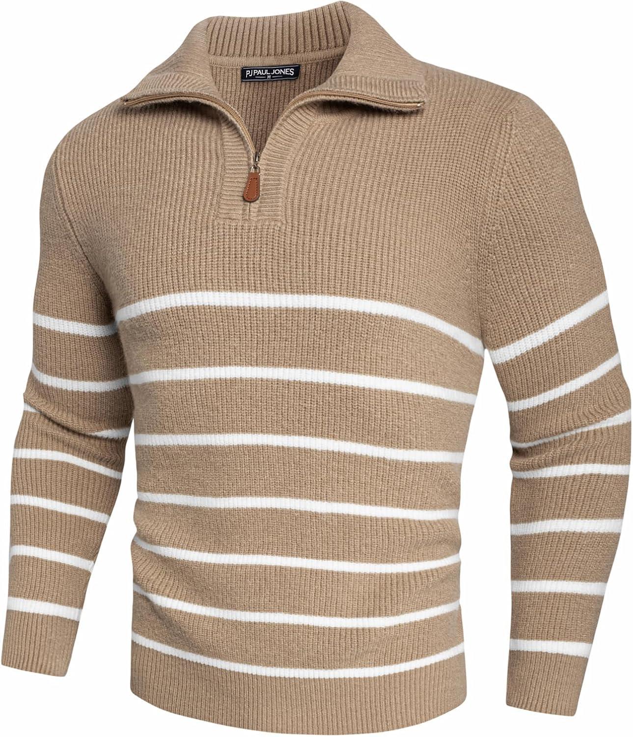 imagePJ PAUL JONES Mens Quarter Zip Sweater Striped Mock Neck Pullover Sweater Regular Fit SweaterKhaki