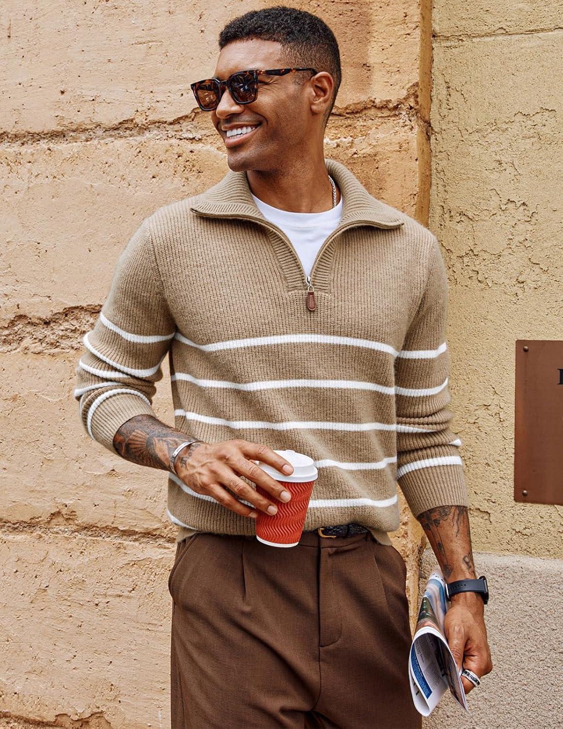 imagePJ PAUL JONES Mens Quarter Zip Sweater Striped Mock Neck Pullover Sweater Regular Fit SweaterKhaki