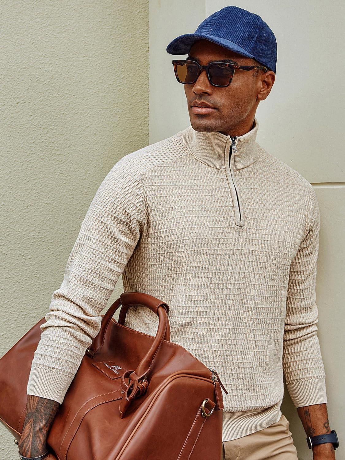 imagePJ PAUL JONES Mens Quarter Zip Sweaters Slim Fit Long Sleeve Casual Pullover Sweater Knit Textured Mock Neck Polo SweatersBeige