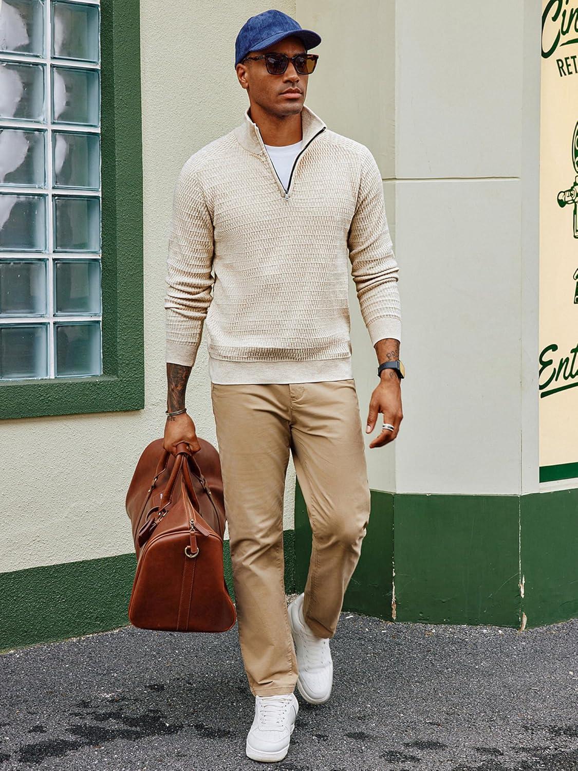 imagePJ PAUL JONES Mens Quarter Zip Sweaters Slim Fit Long Sleeve Casual Pullover Sweater Knit Textured Mock Neck Polo SweatersBeige