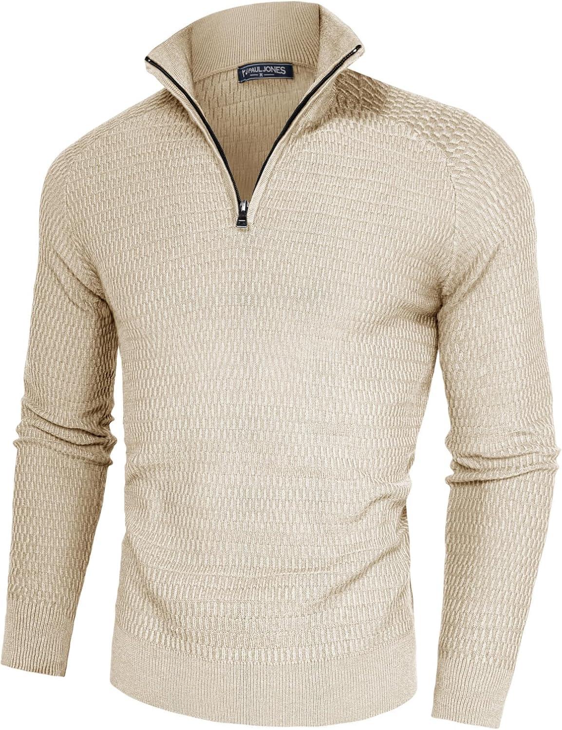 imagePJ PAUL JONES Mens Quarter Zip Sweaters Slim Fit Long Sleeve Casual Pullover Sweater Knit Textured Mock Neck Polo SweatersBeige