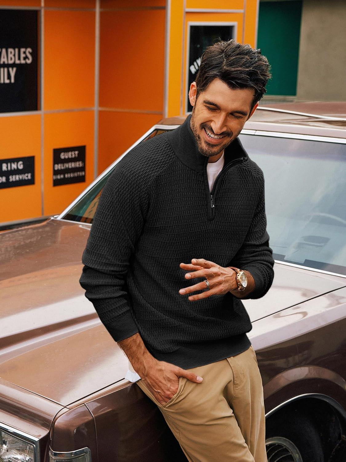 imagePJ PAUL JONES Mens Quarter Zip Sweaters Slim Fit Long Sleeve Casual Pullover Sweater Knit Textured Mock Neck Polo SweatersBlack