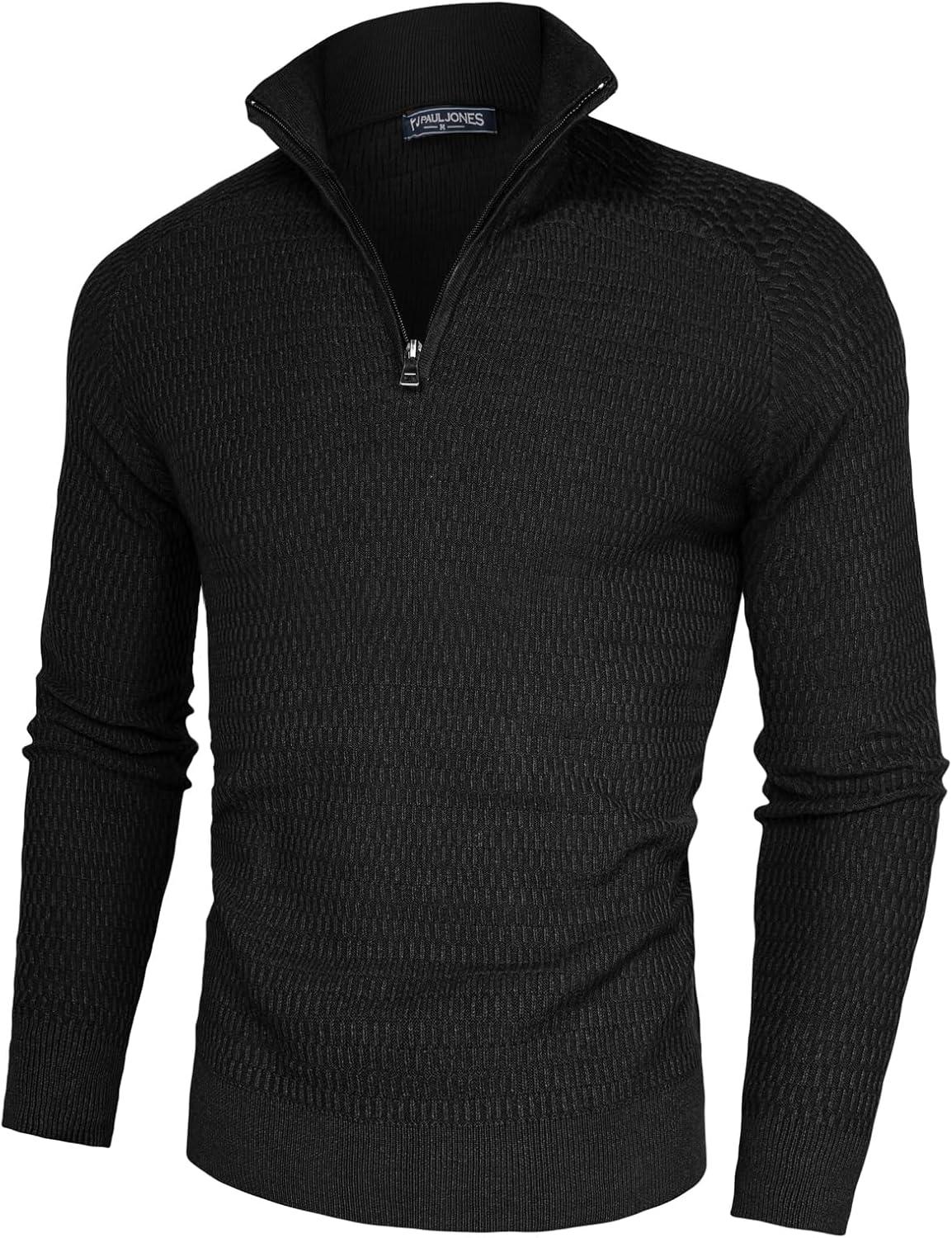 imagePJ PAUL JONES Mens Quarter Zip Sweaters Slim Fit Long Sleeve Casual Pullover Sweater Knit Textured Mock Neck Polo SweatersBlack
