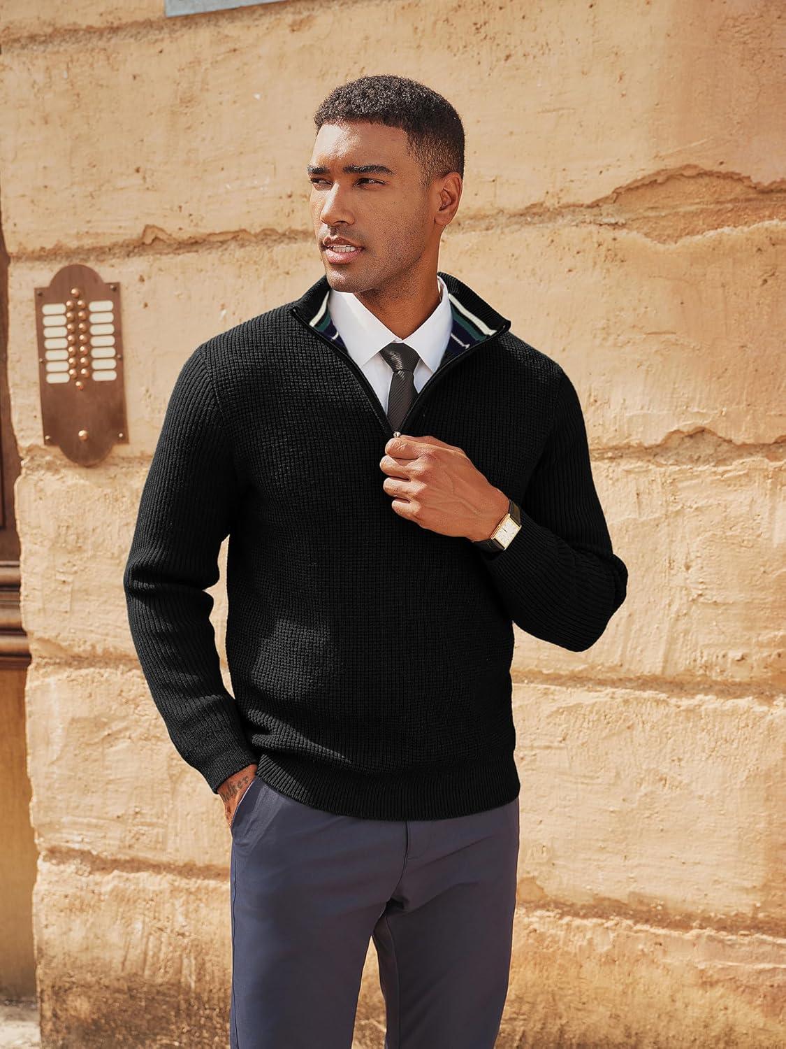 imagePJ PAUL JONES Mens Quarter Zip Sweaters Slim Fit Long Sleeve Casual Pullover Sweater Knit Textured Mock Neck Polo SweatersBlack Waffle