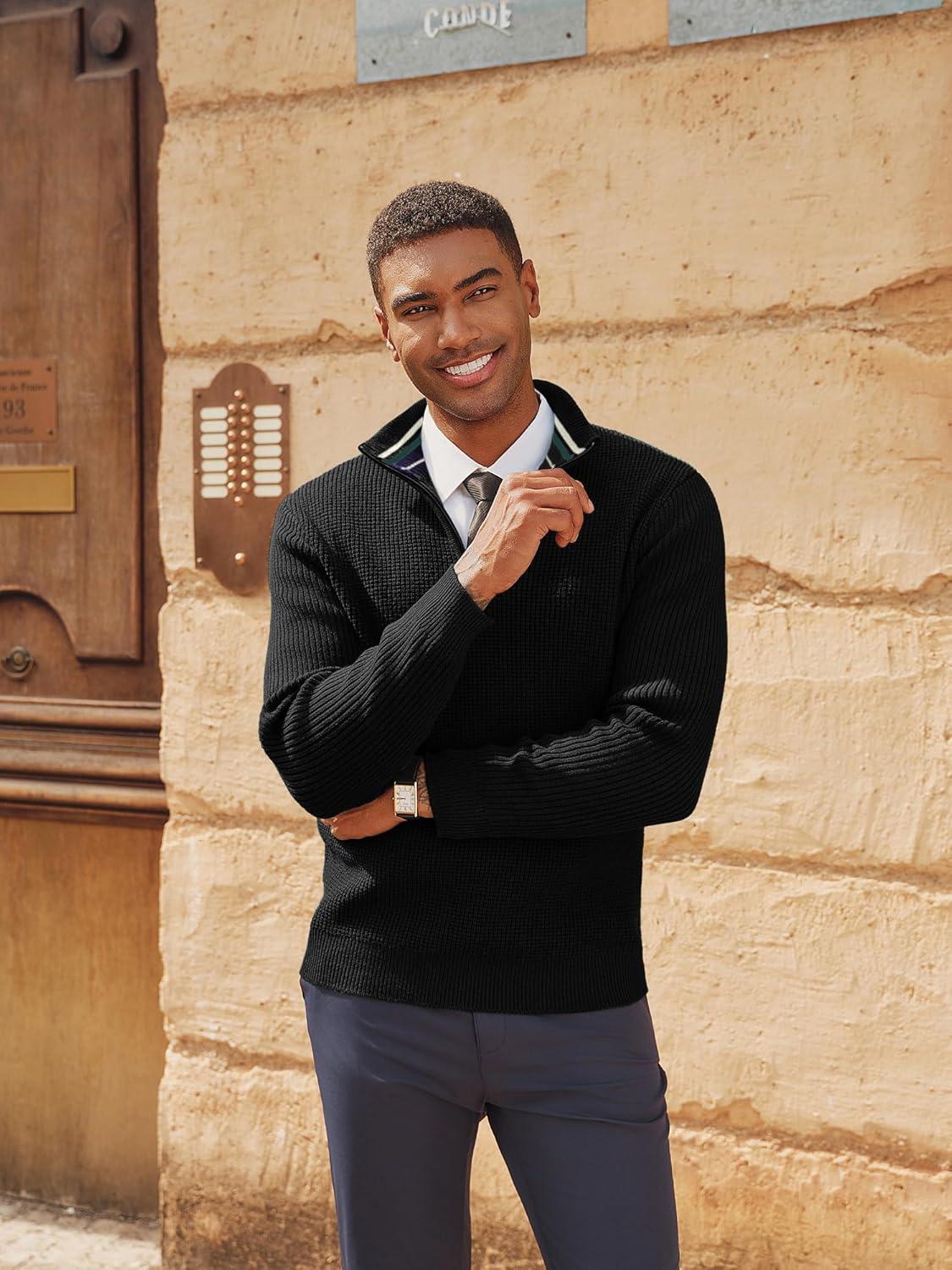 imagePJ PAUL JONES Mens Quarter Zip Sweaters Slim Fit Long Sleeve Casual Pullover Sweater Knit Textured Mock Neck Polo SweatersBlack Waffle